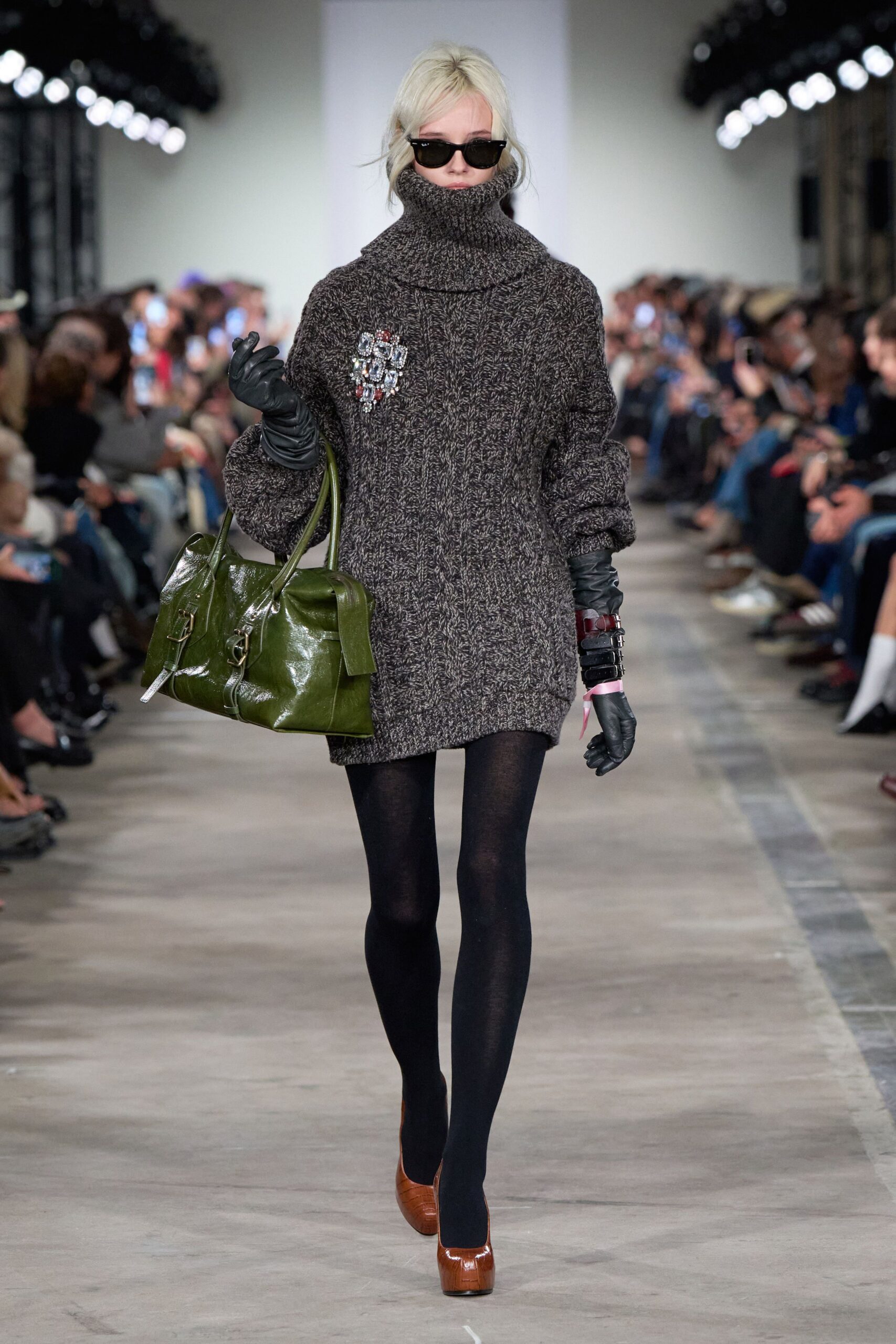 gray wool long-sleeve turtleneck oversized embellished short sweater