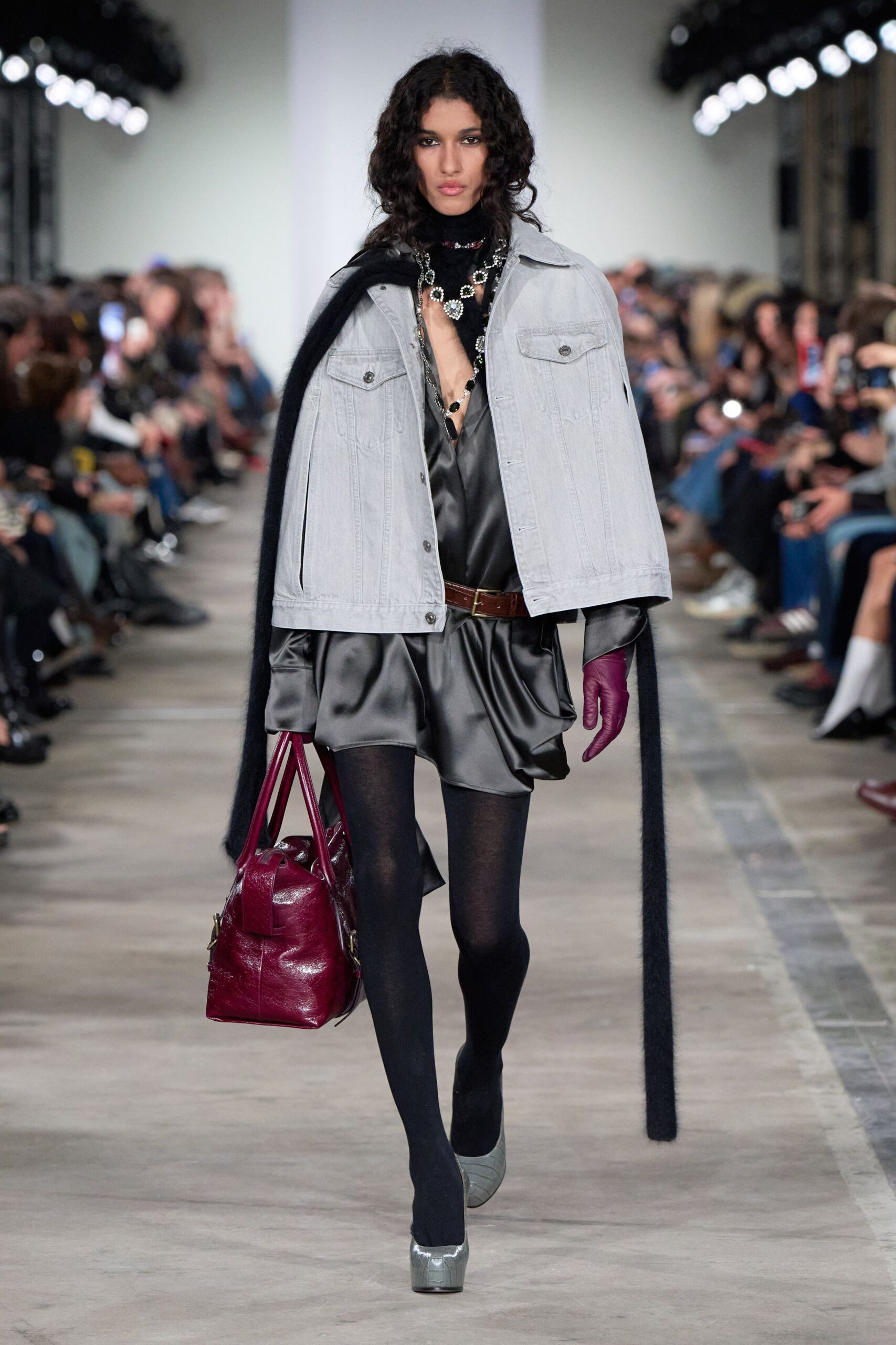 gray denim jacket black silk dress