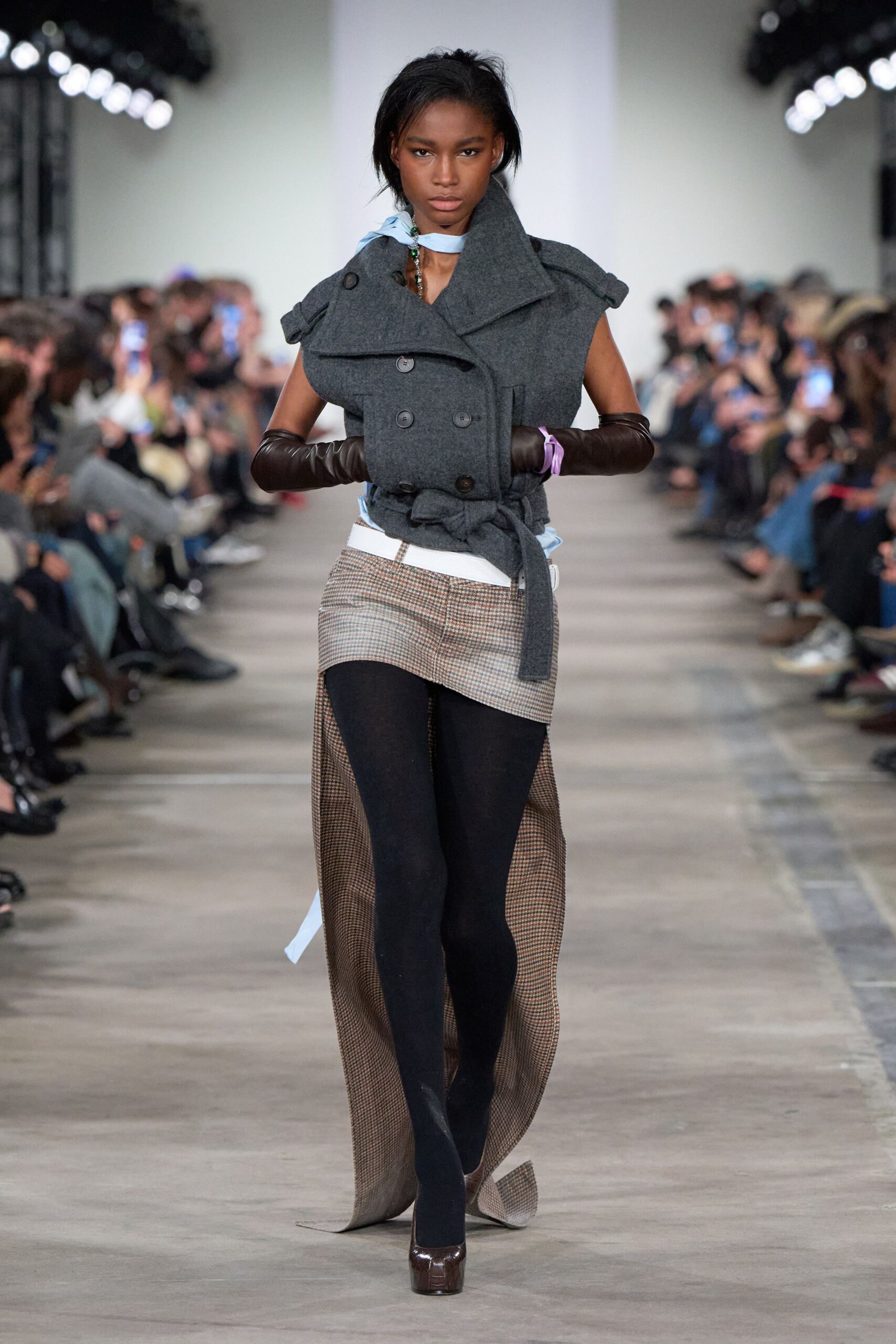 gray wool long-sleeve collared structured belted coat