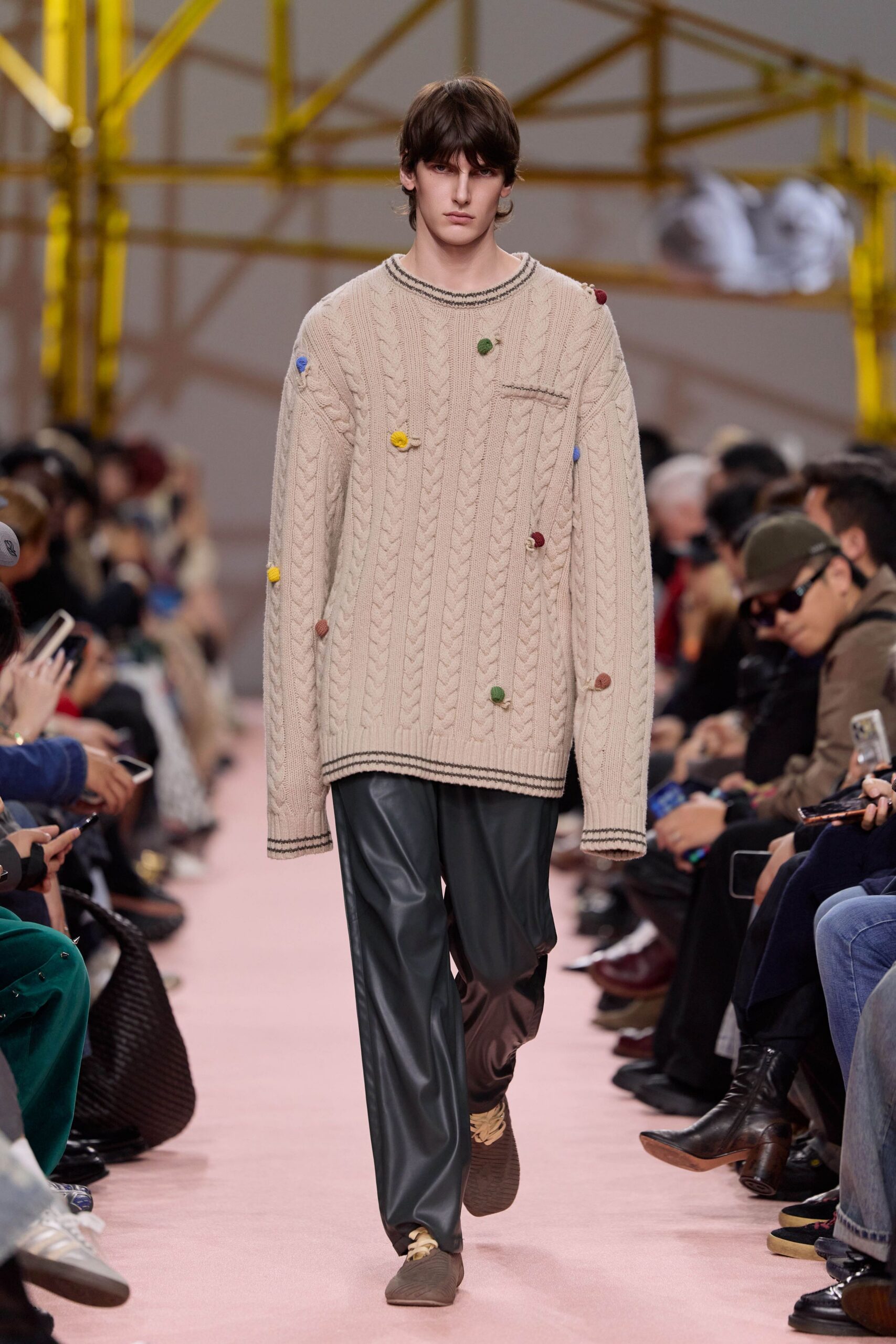 beige wool long-sleeve collared oversized embroidered sweater