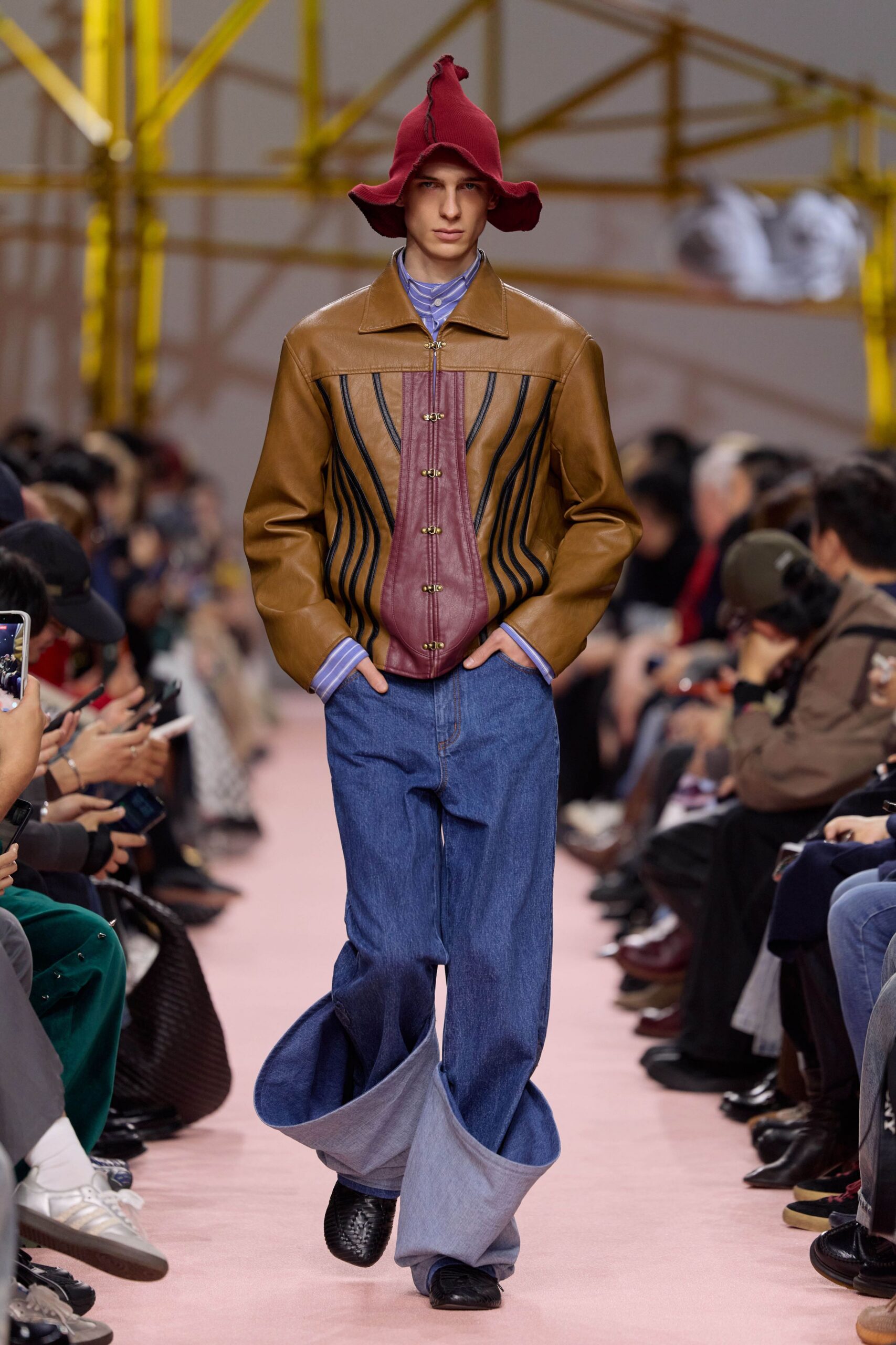 brown leather long-sleeve collared fitted zippered layered jacket