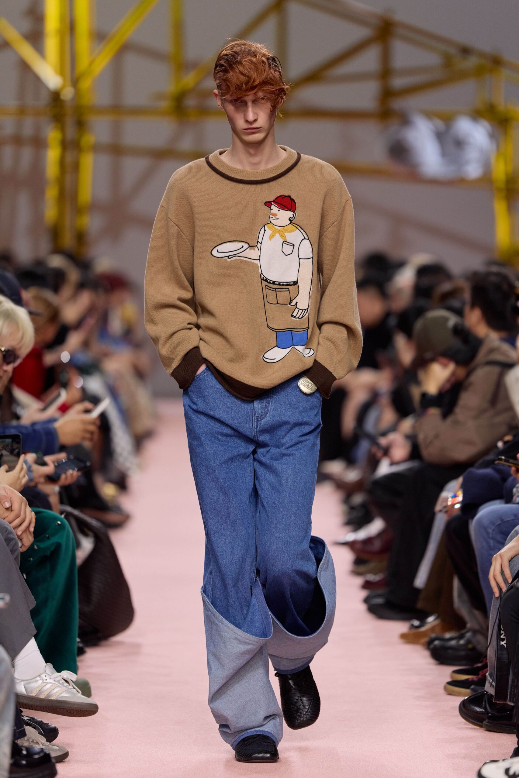brown cotton long-sleeve collared oversized printed sweater