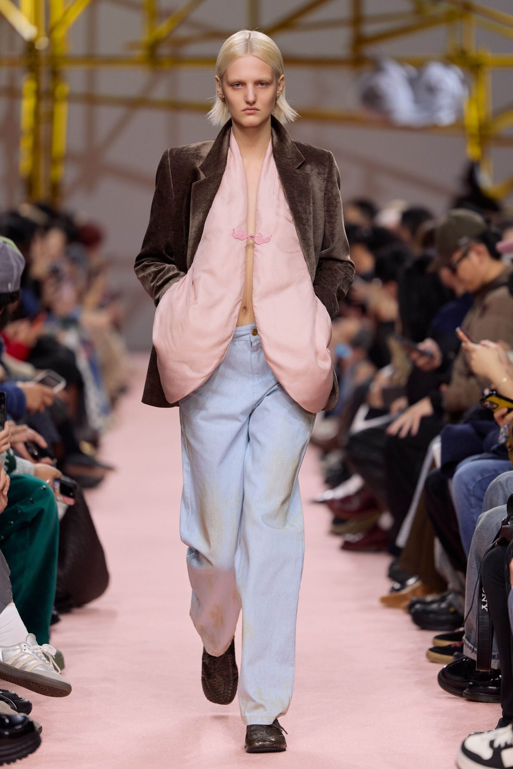 brown velvet blazer pink top blue pants