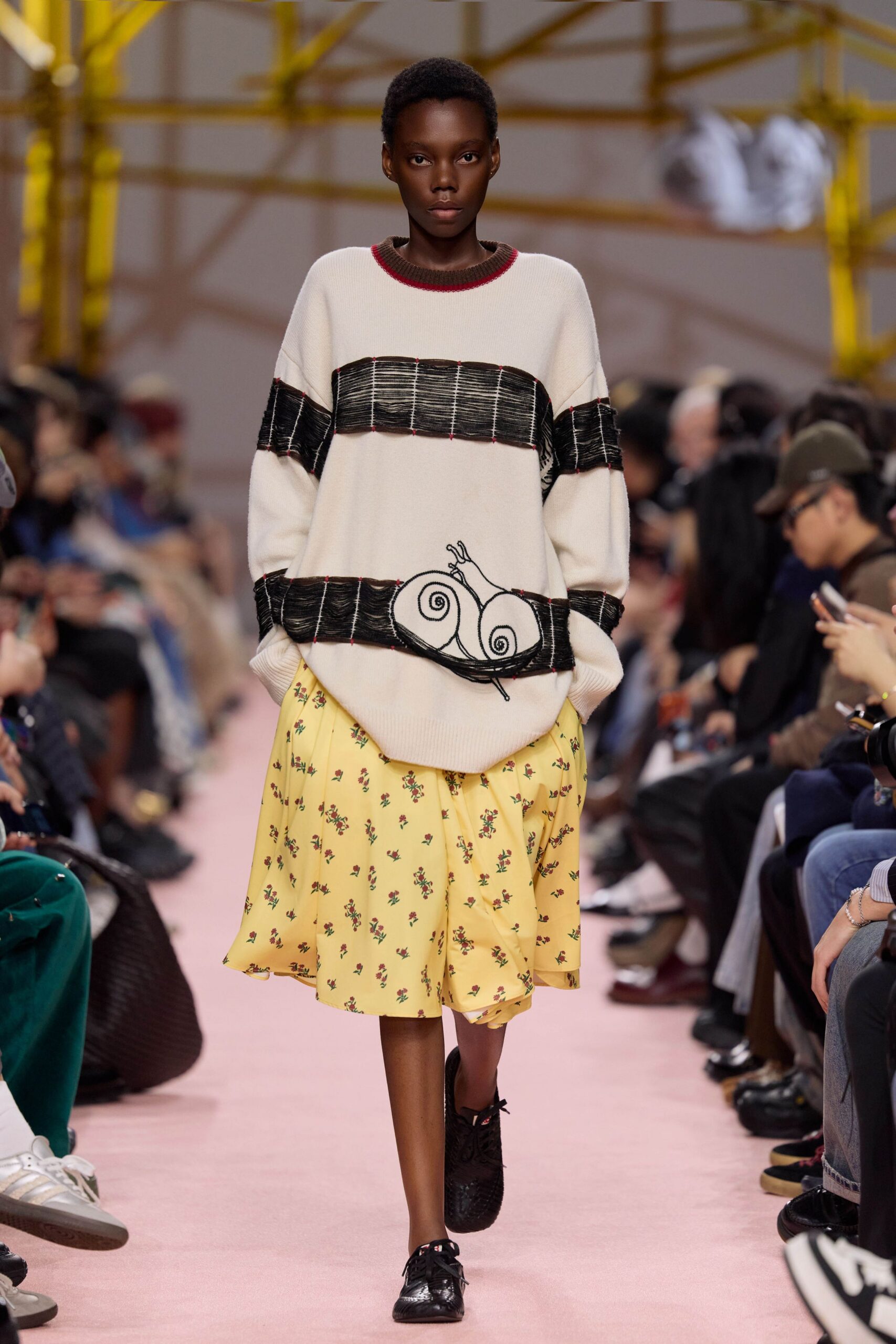 yellow cotton fitted floral flared midi skirt