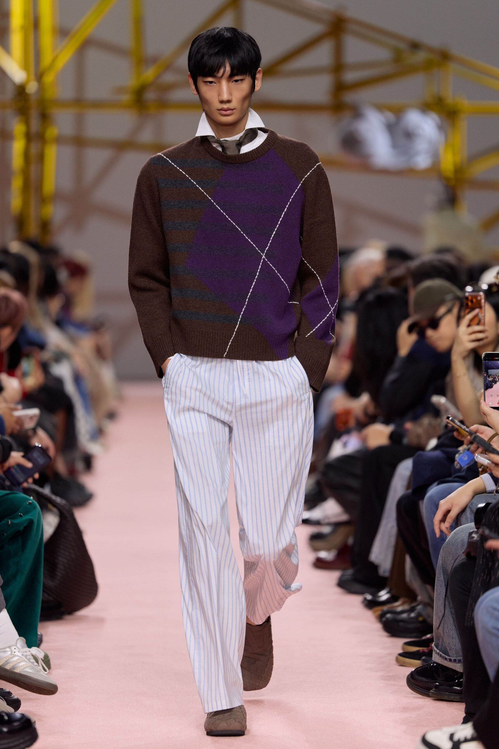 brown wool long-sleeve collared relaxed striped sweater