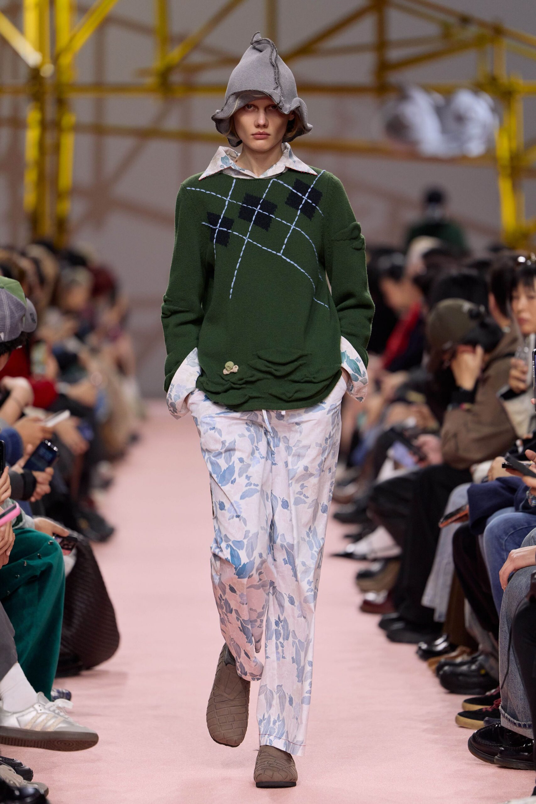 green cotton long-sleeve collared relaxed embroidered sweater