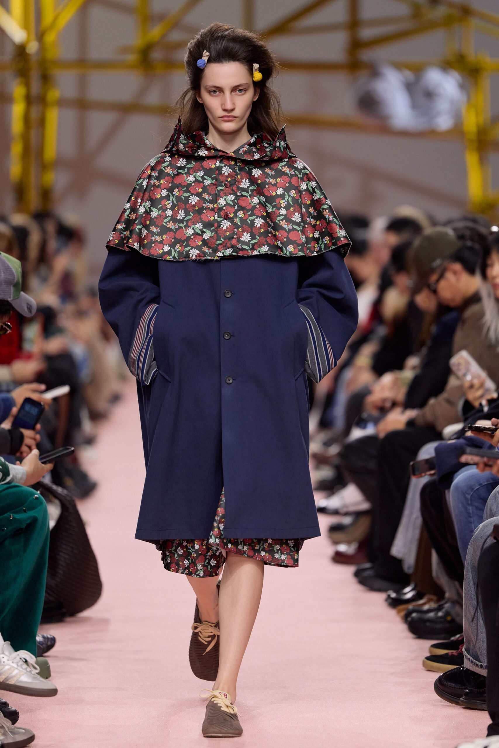 blue cotton long-sleeve collared relaxed floral buttoned coat