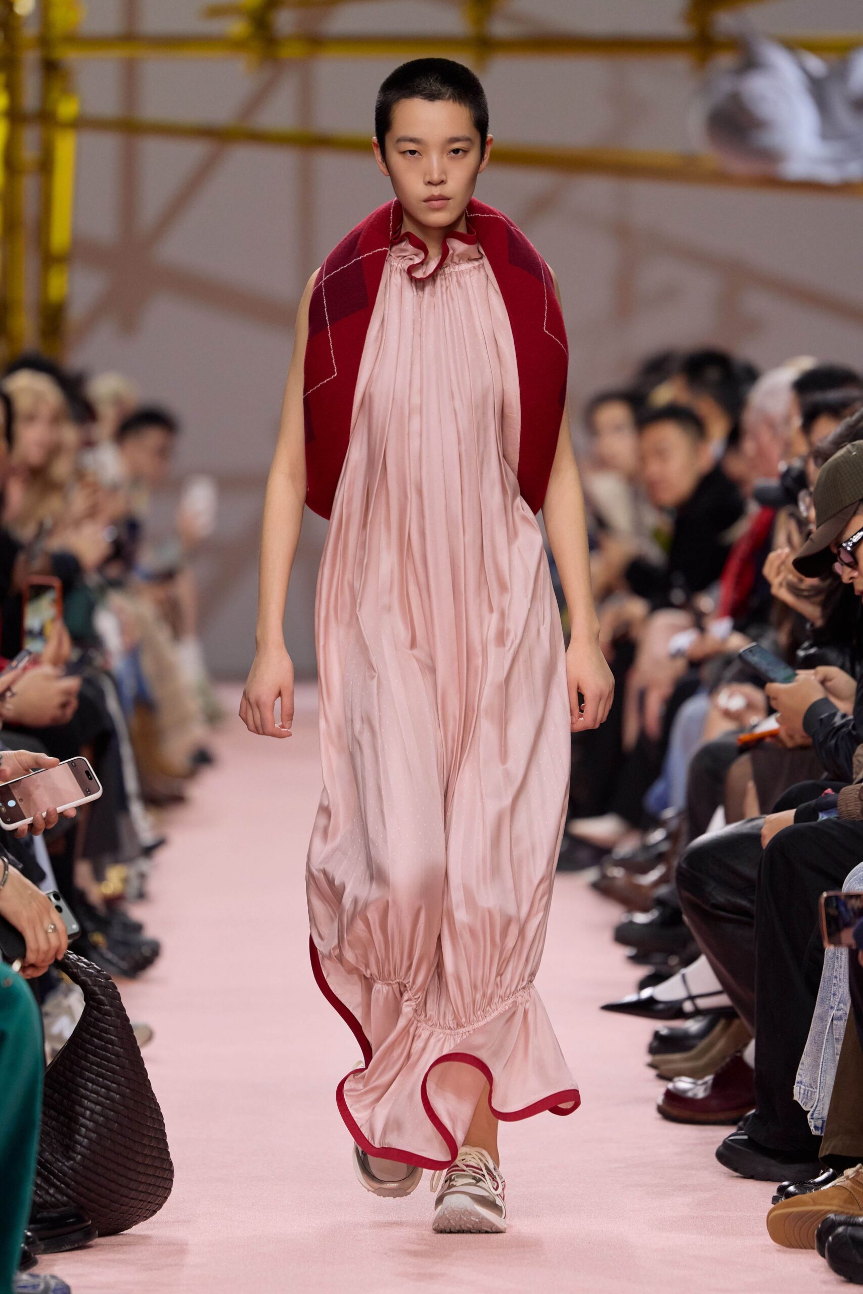 pink silk sleeveless high-neck relaxed ruffled flowing dress