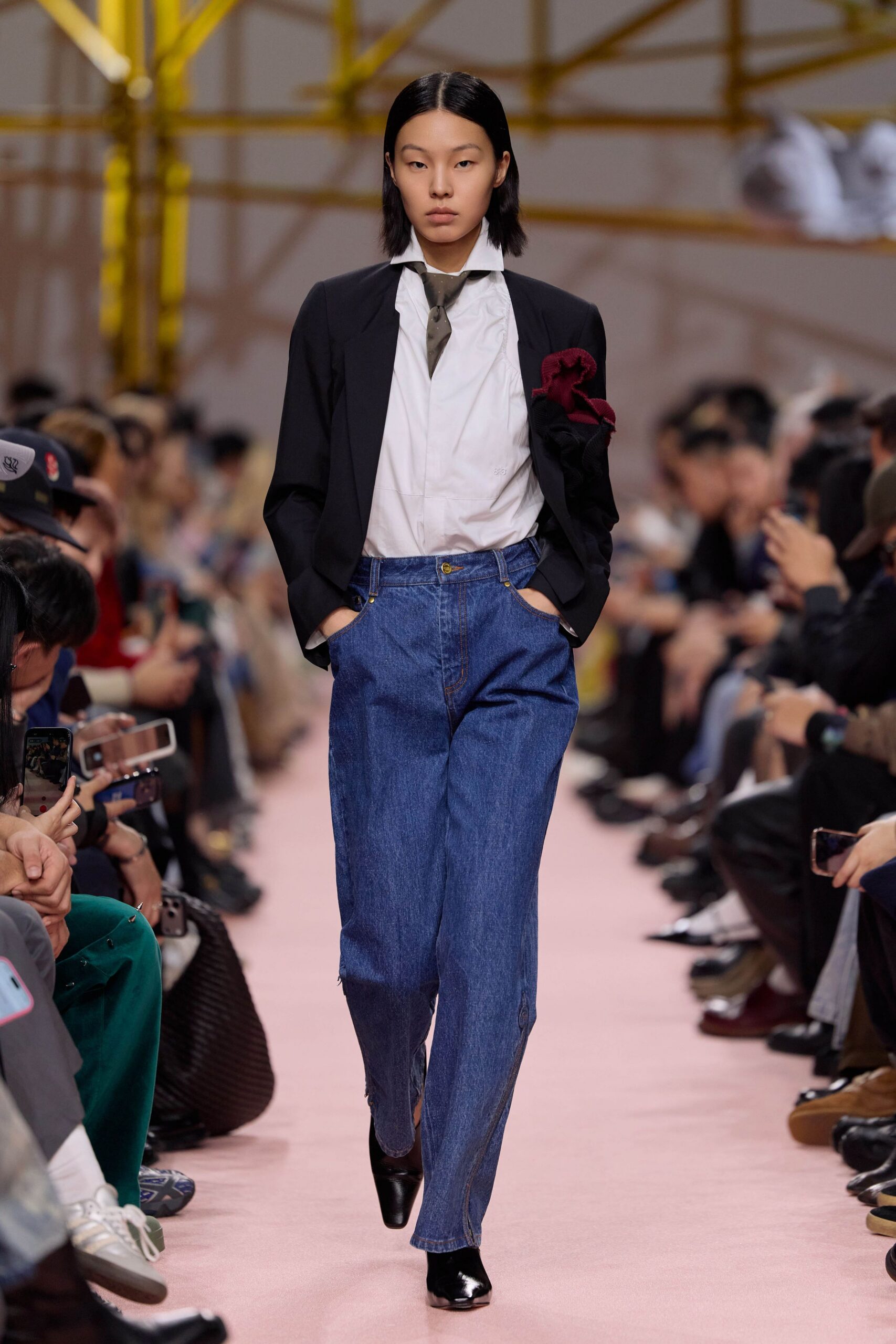 black blazer white shirt denim pants