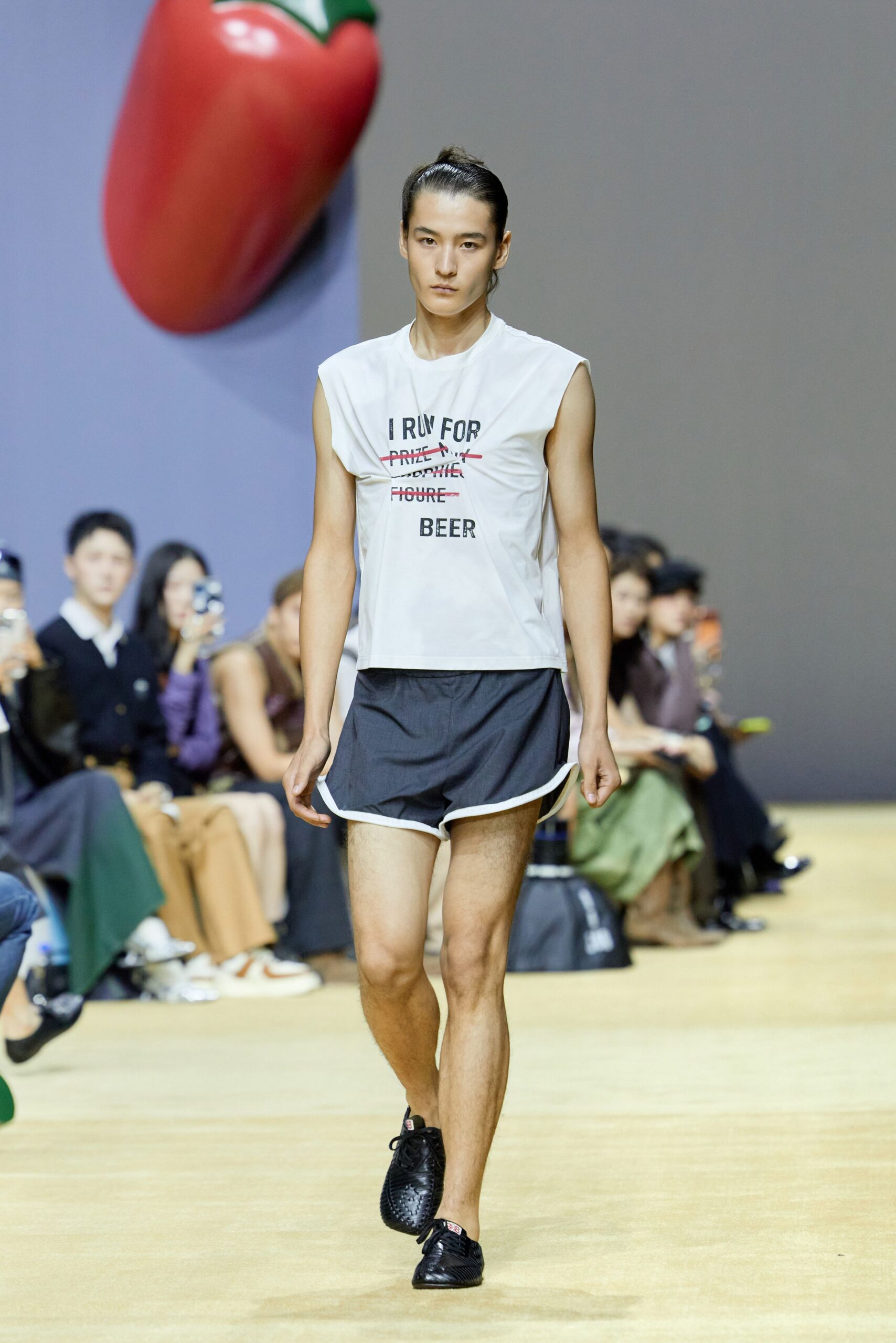 white t-shirt gray shorts