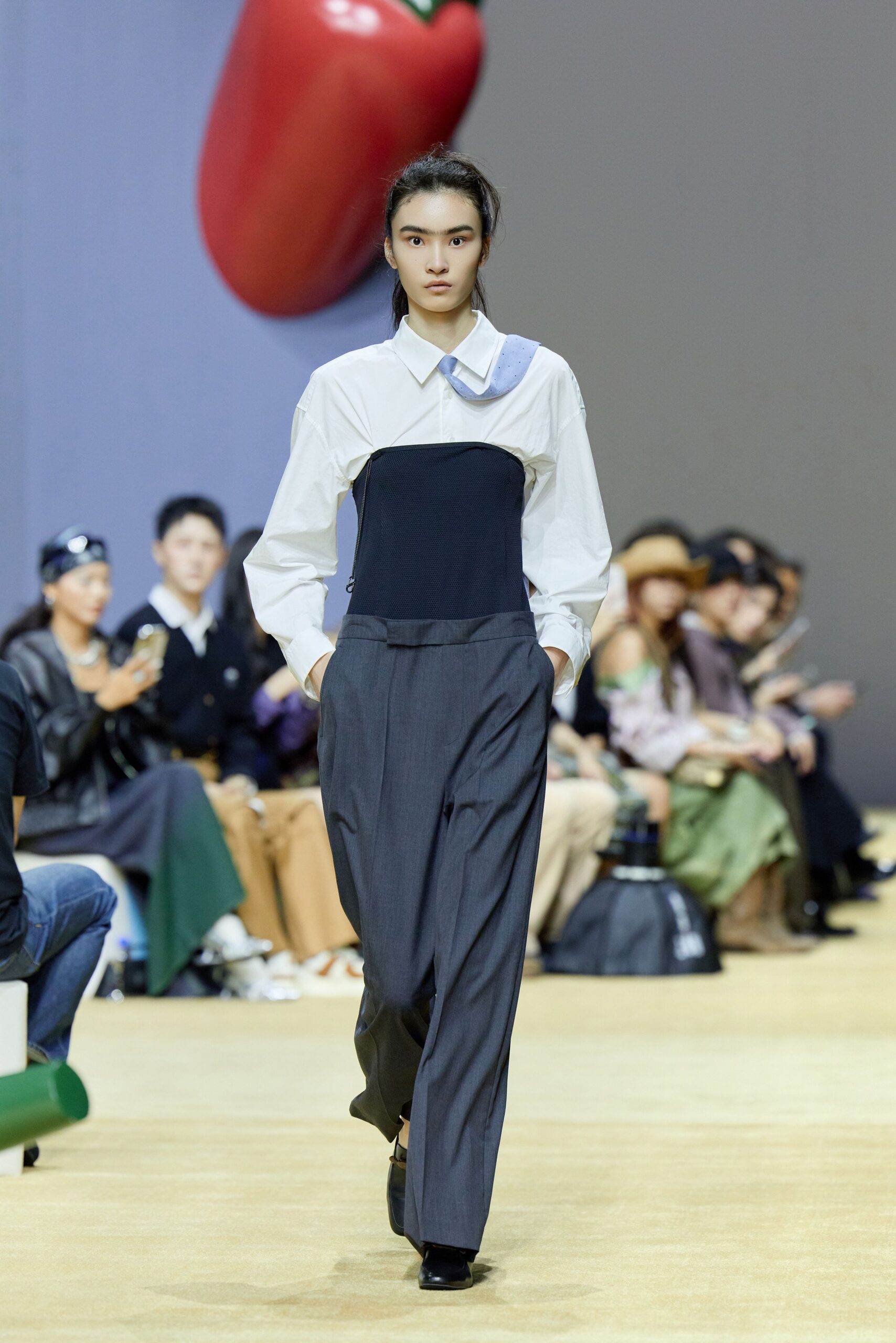 white shirt black corset gray pants