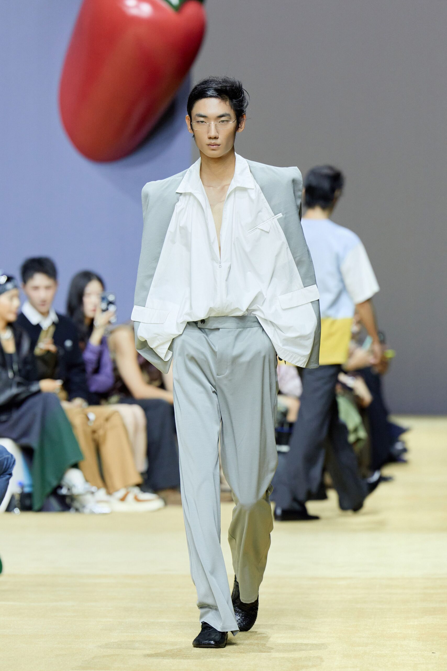 white relaxed shirt gray tailored pants