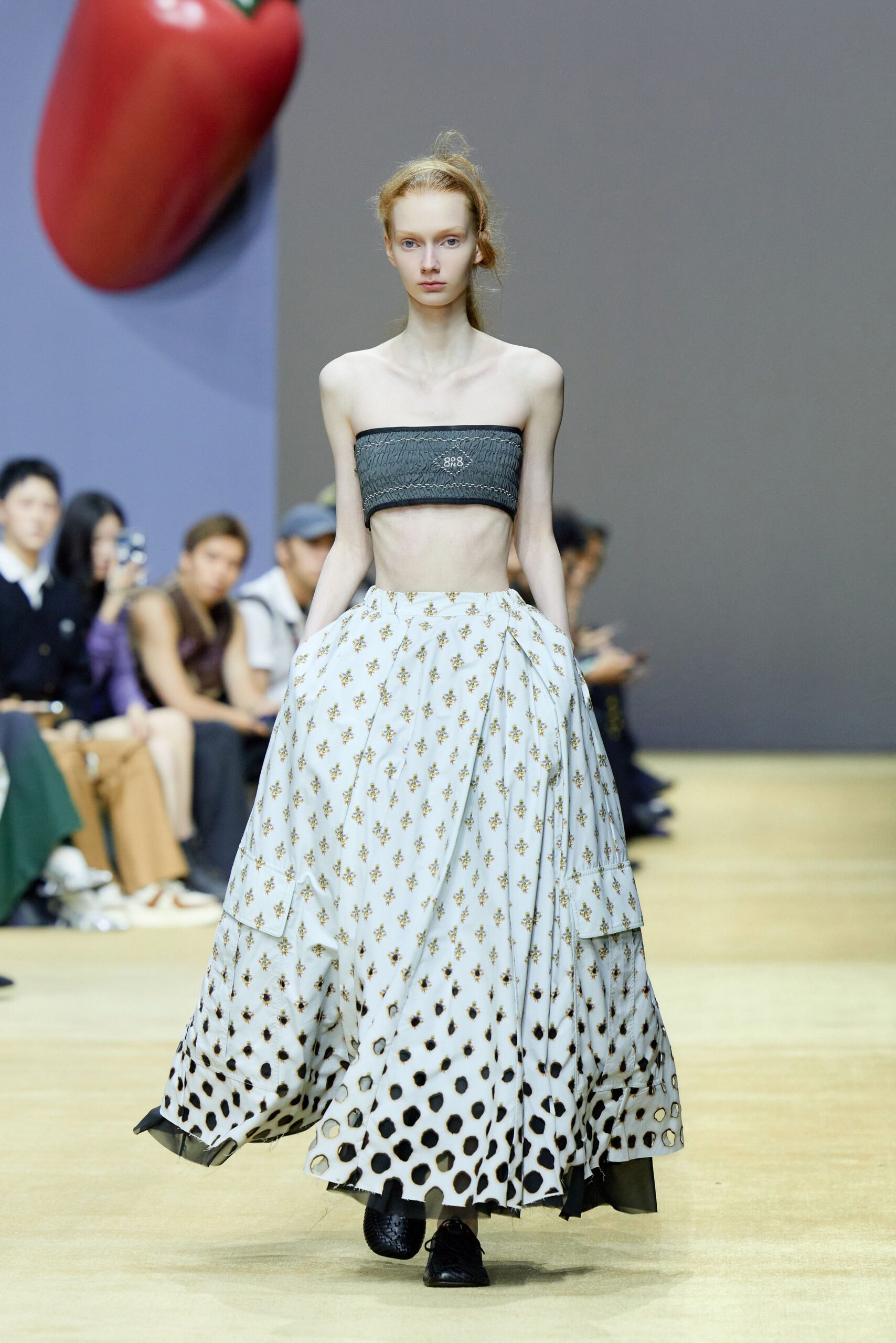 black crop top white tiered skirt