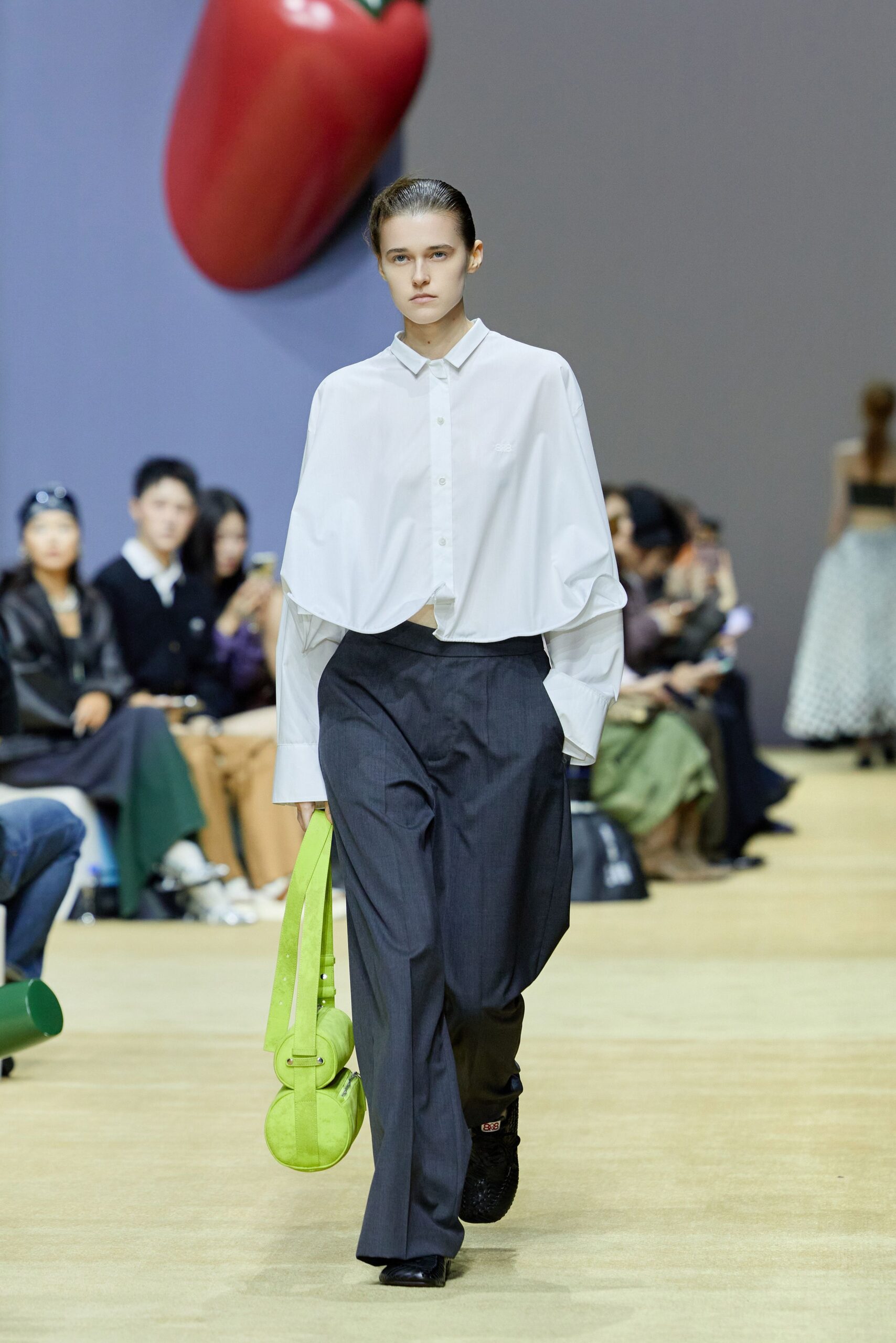 oversized white shirt and gray pants