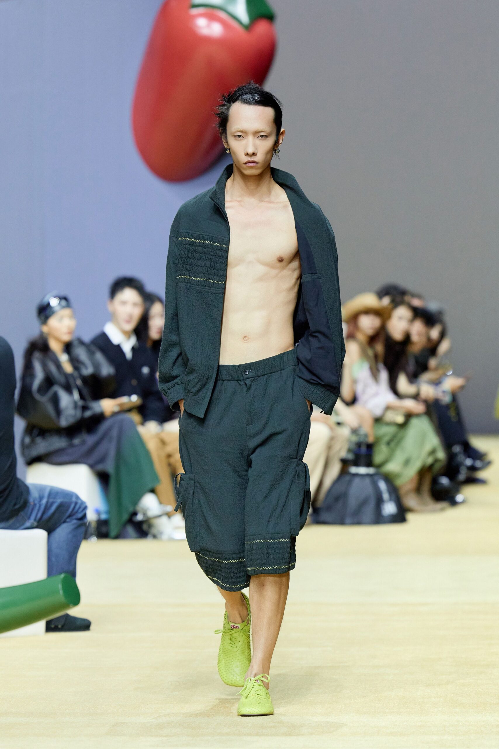 black relaxed shirt and cargo shorts