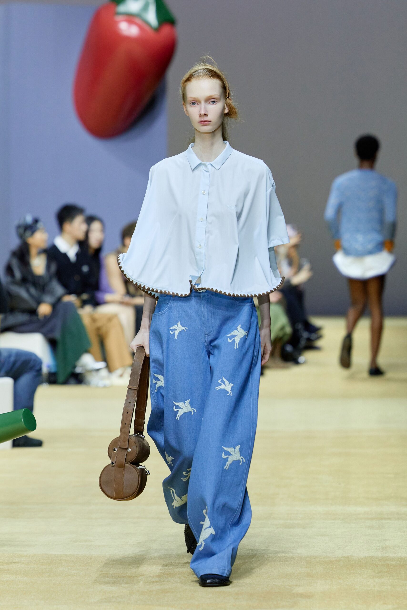 white shirt blue printed pants