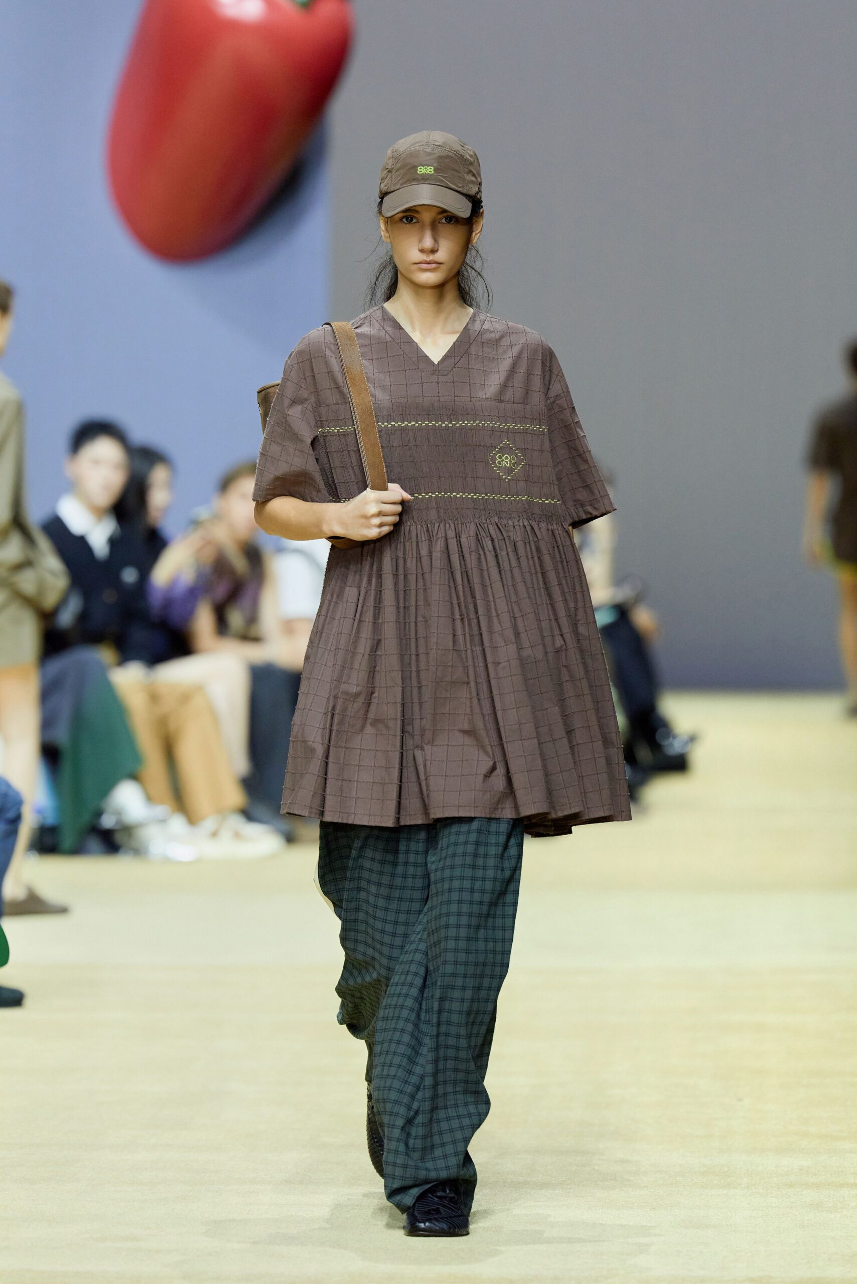 brown checked dress with relaxed pants