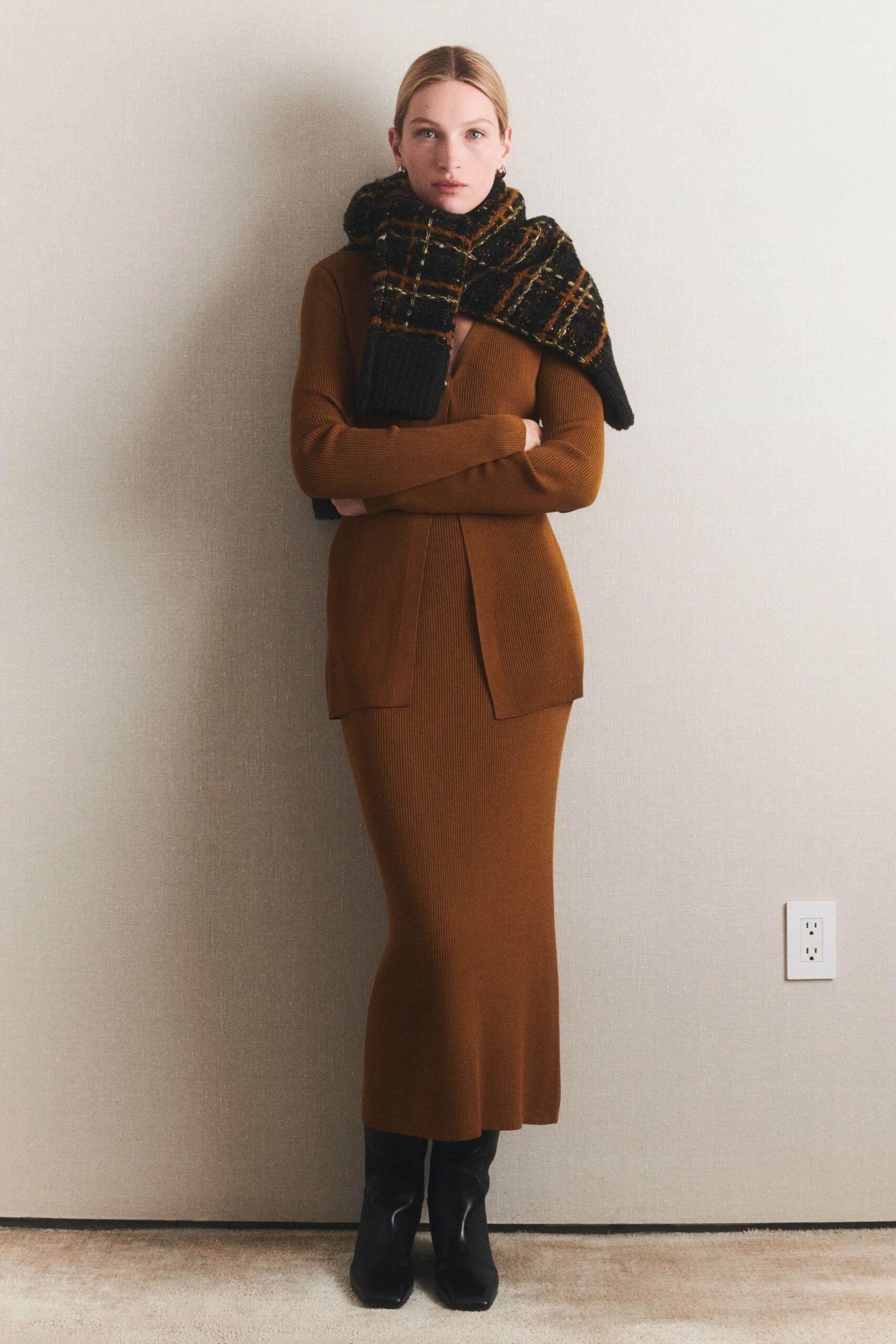 brown wool long-sleeve v-neck fitted layered maxi dress
