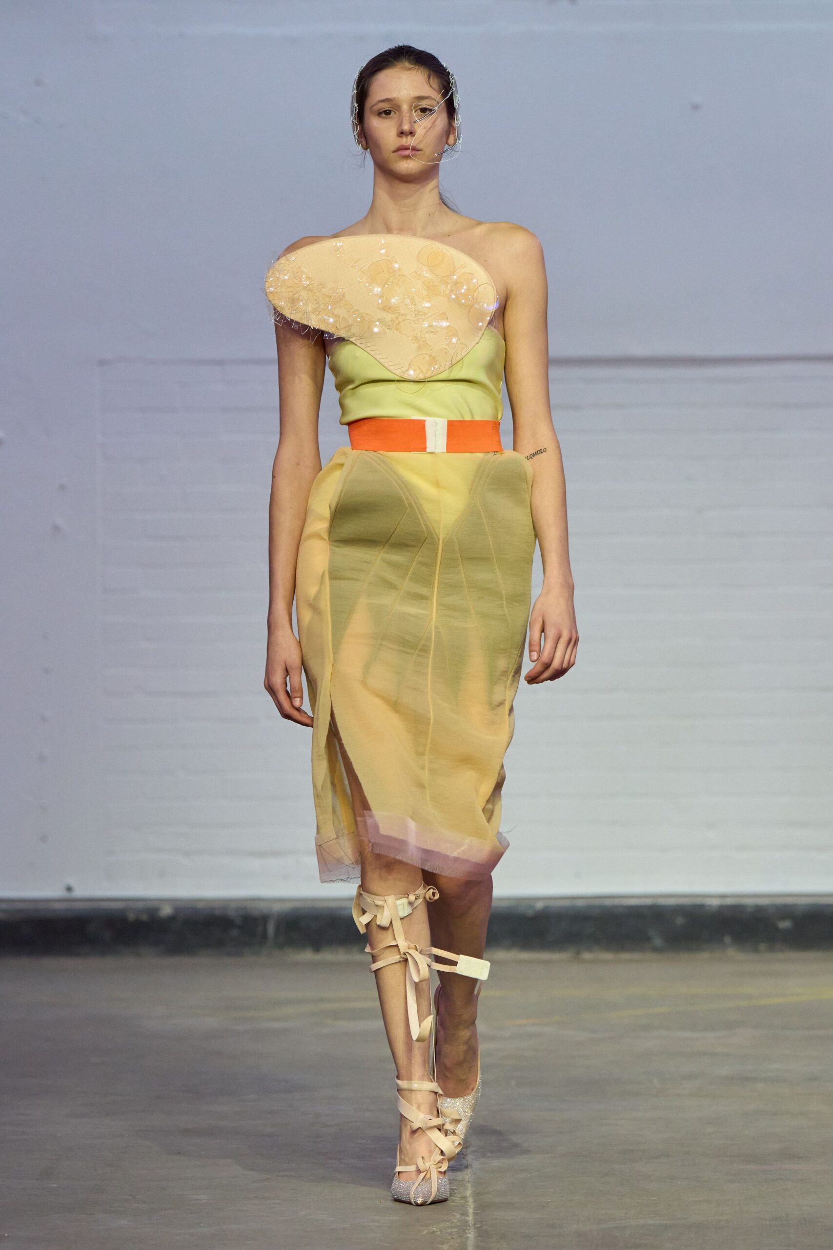 yellow silk sleeveless asymmetric fitted pleated embellished dress