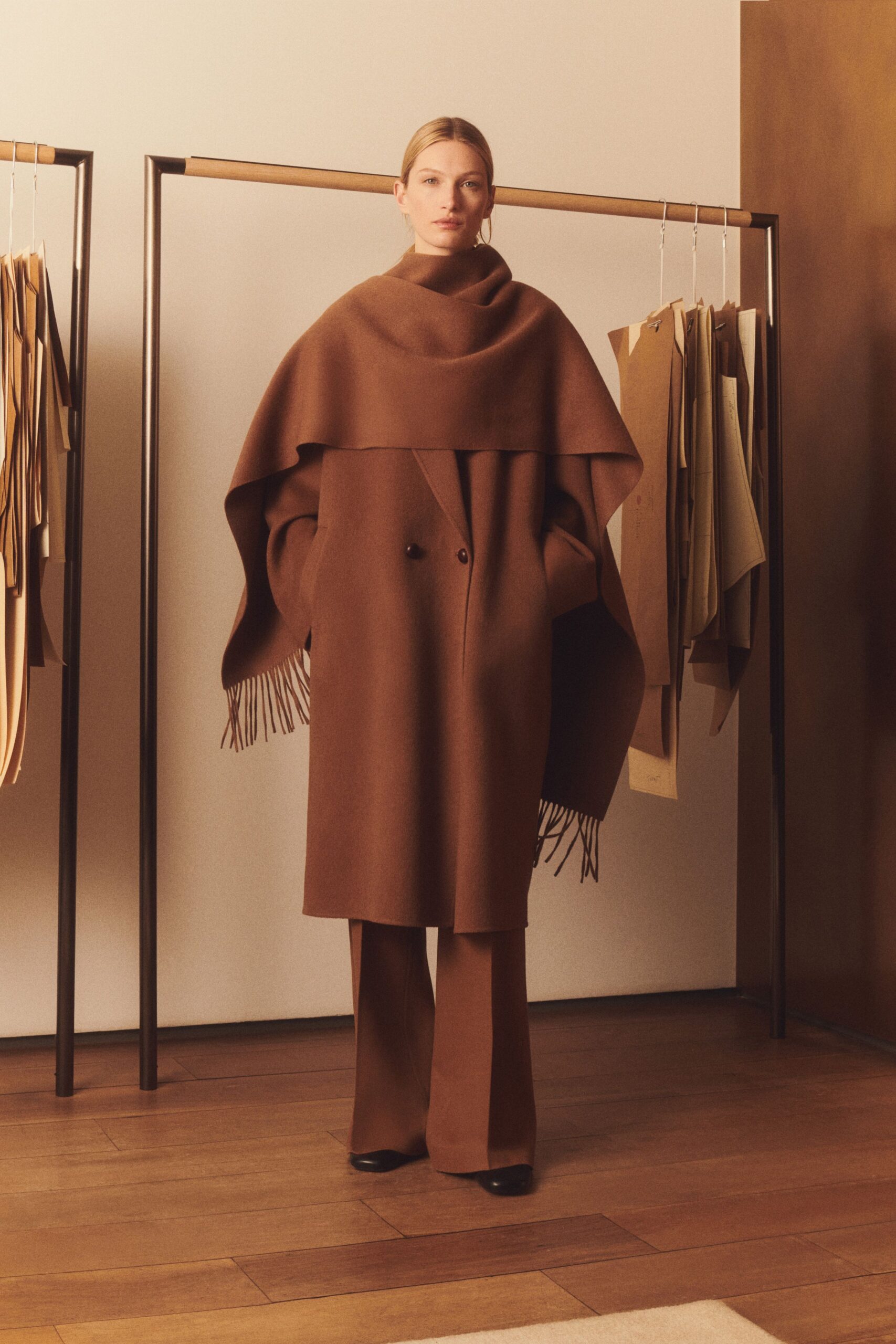 brown wool long-sleeve collared relaxed fringed coat