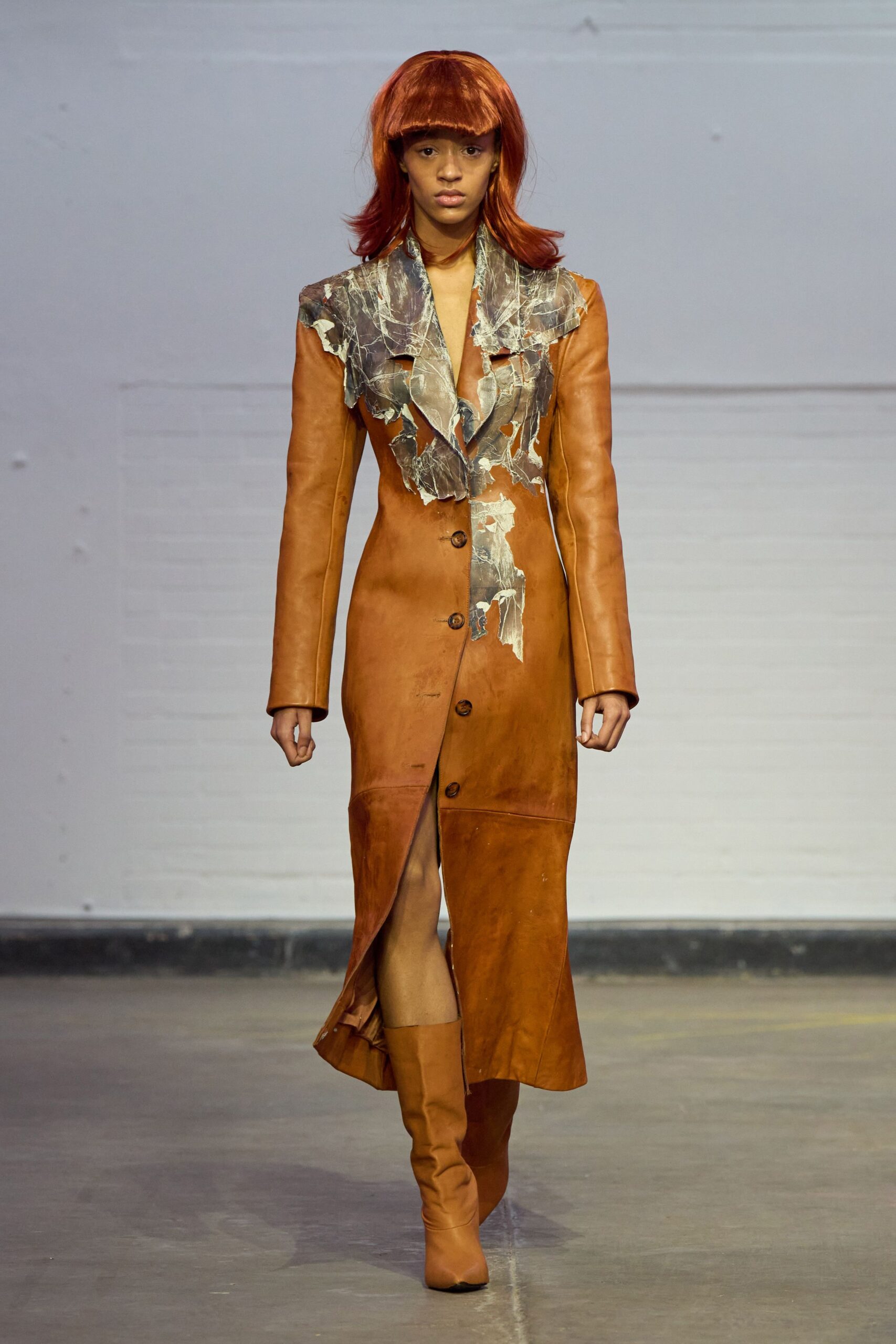 brown leather long-sleeve v-neck fitted buttoned midi dress