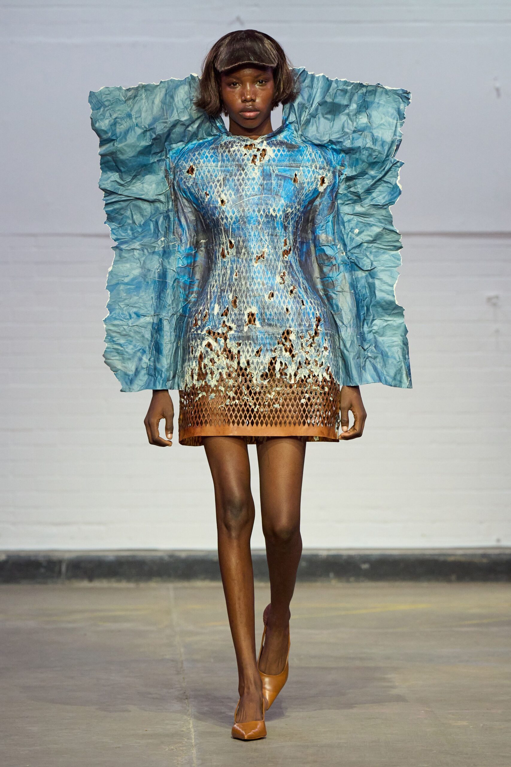 blue silk long-sleeve high-neck fitted pleated layered dress