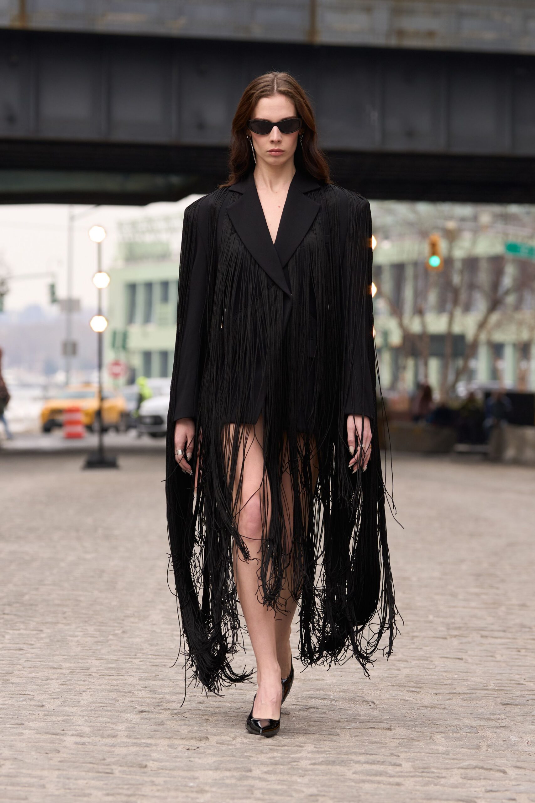 black silk long-sleeve collared fitted fringed blazer