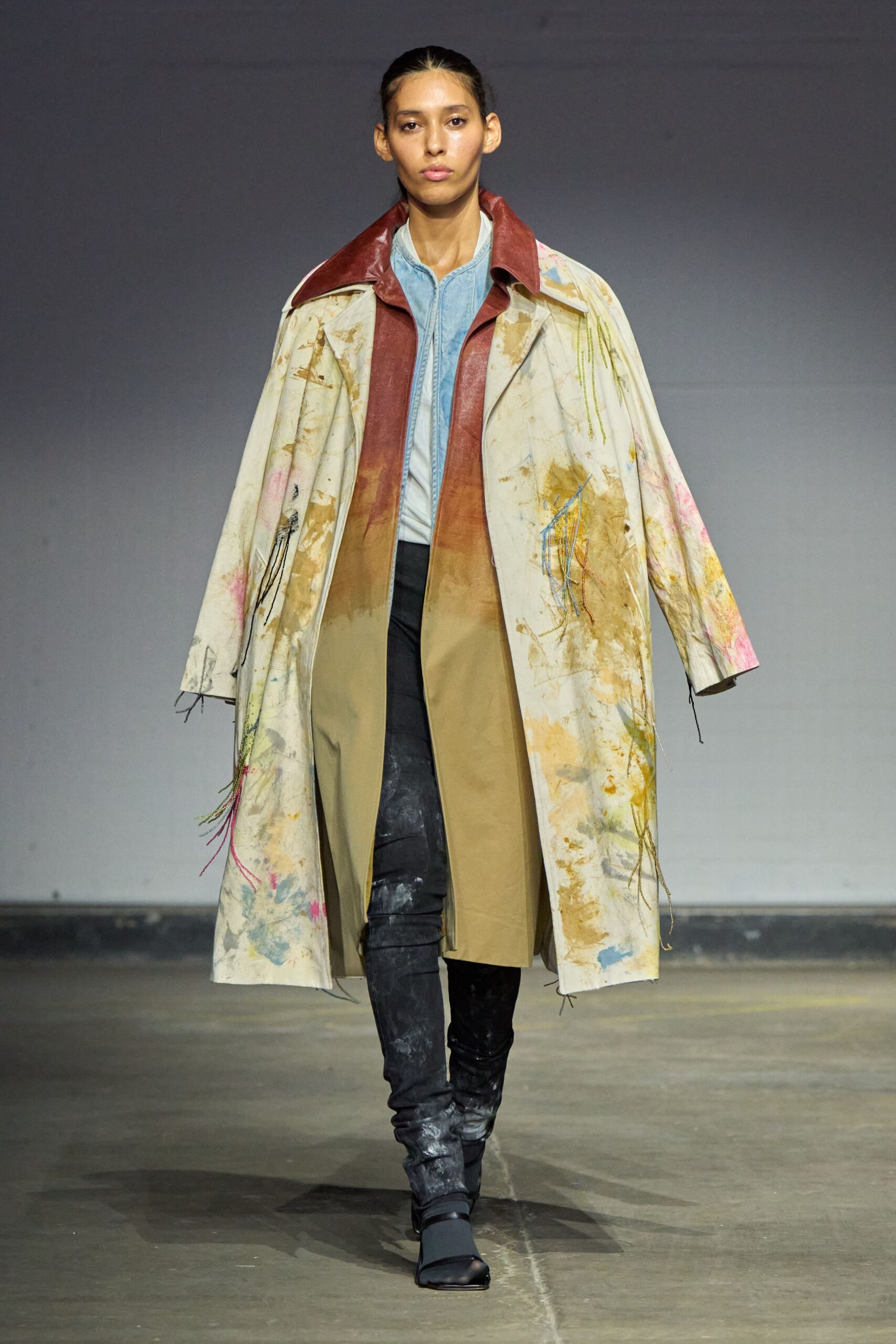 beige cotton long-sleeve collared relaxed draped layered coat