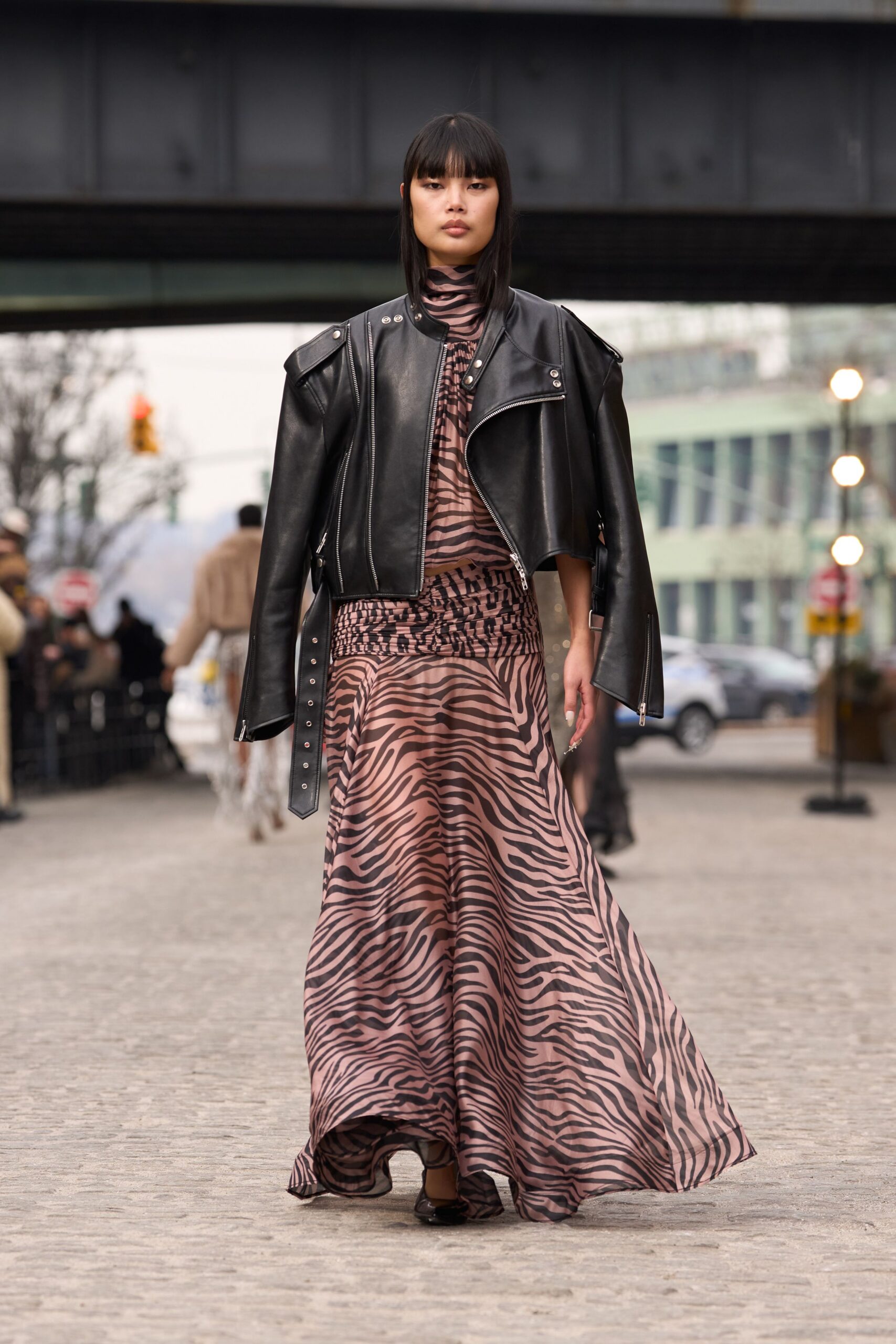 pink silk long-sleeve high-neck fitted animal-print tiered dress