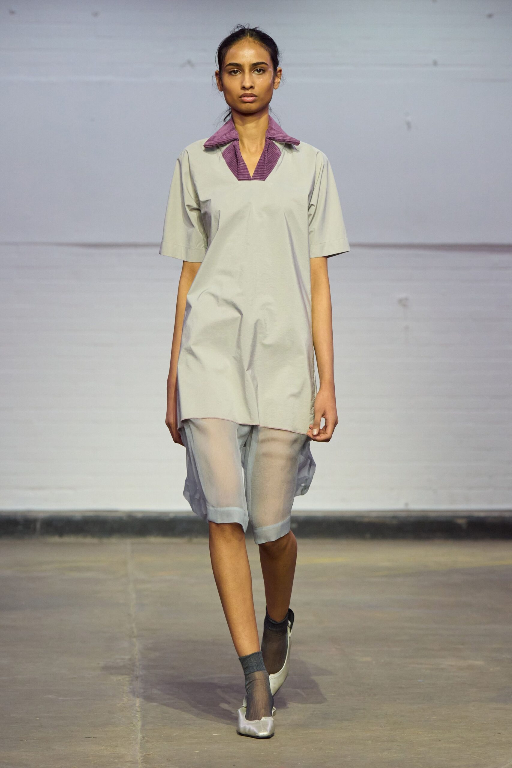 gray cotton short-sleeve collared relaxed layered sheer dress