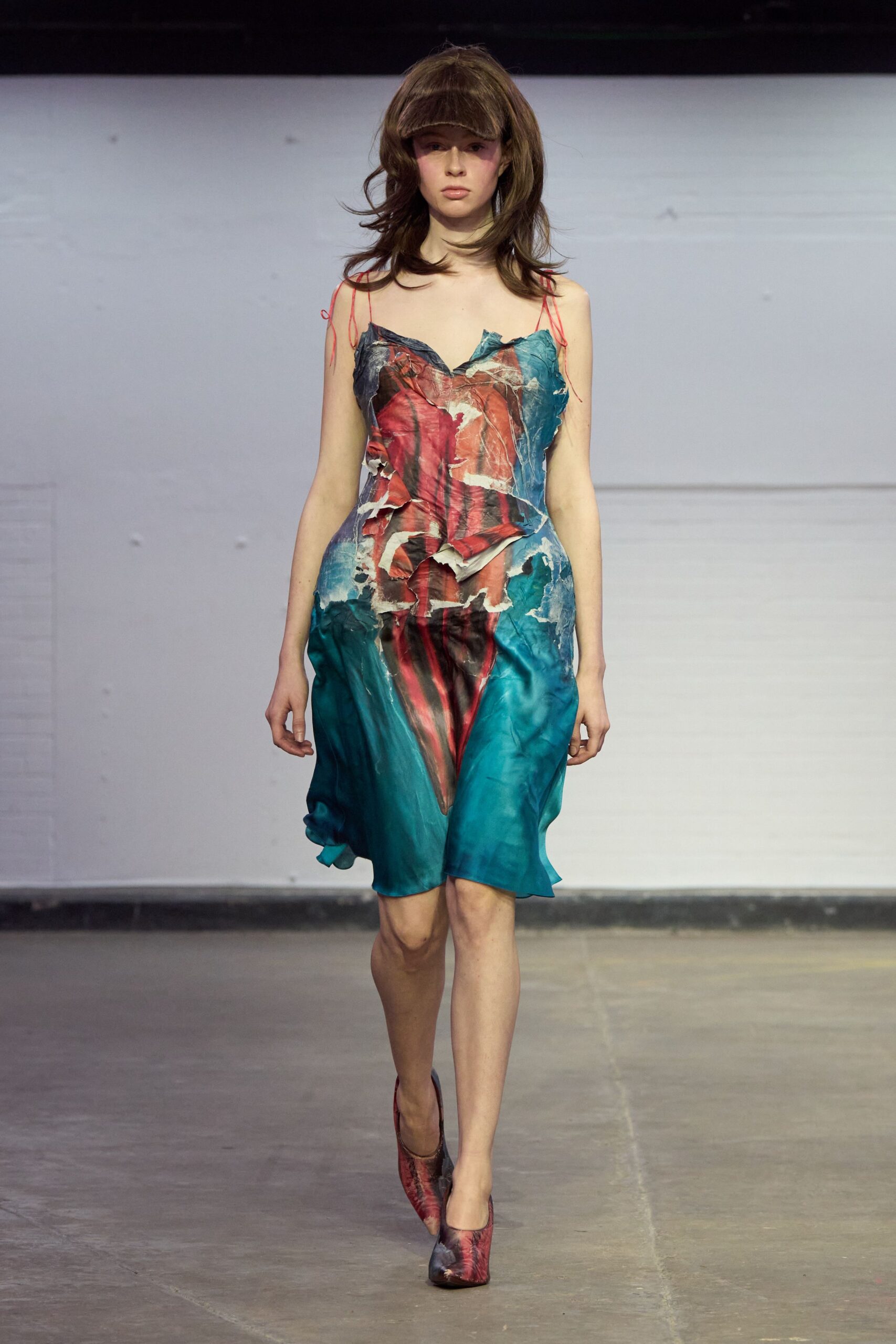blue silk sleeveless v-neck fitted draped flowing dress