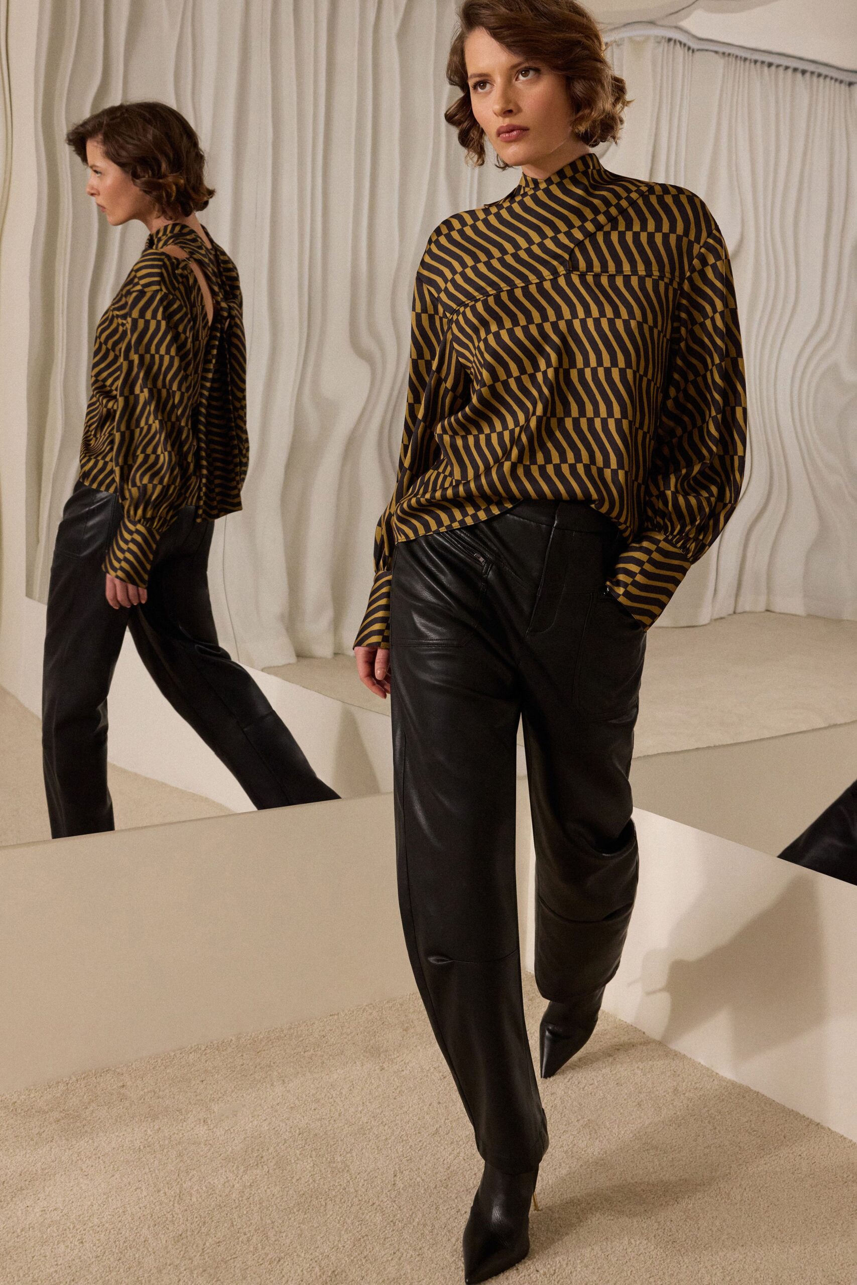 brown silk long-sleeve high-neck relaxed printed top