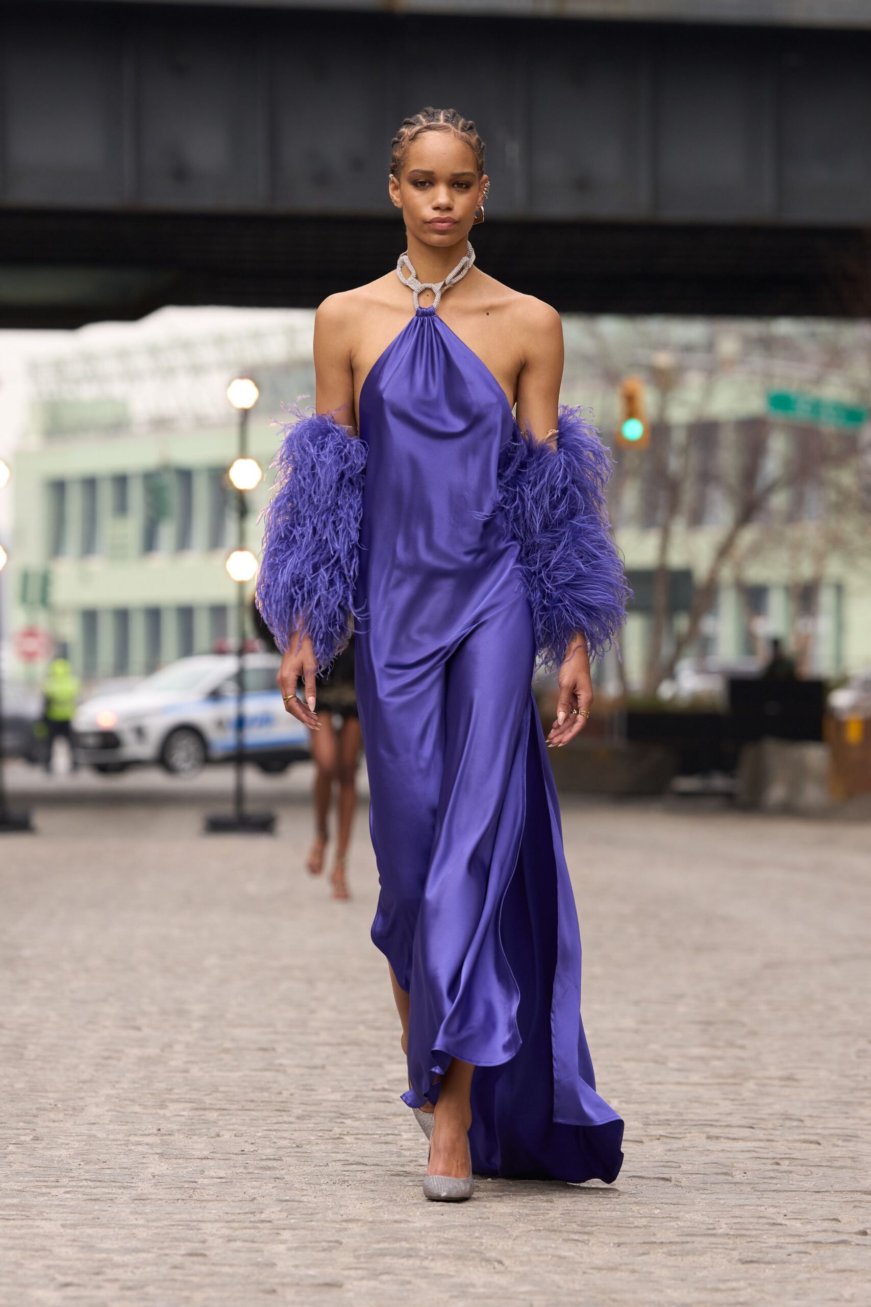 purple feather oversized cape