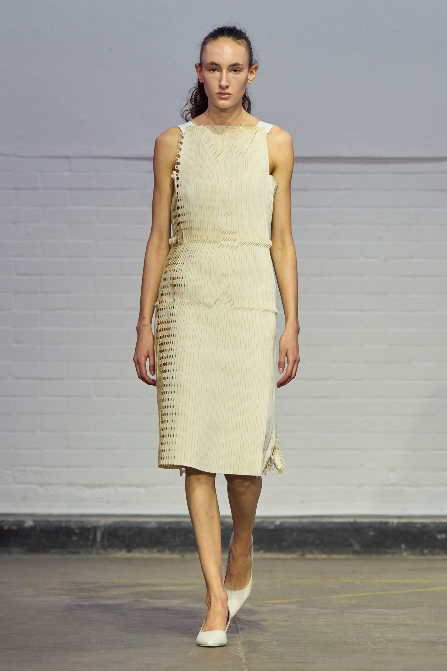 beige cotton sleeveless v-neck fitted pleated midi dress