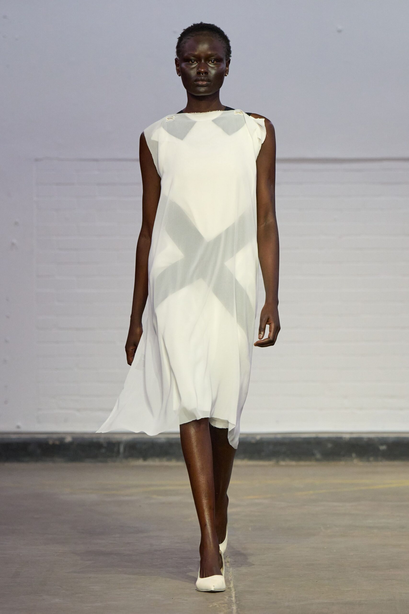 white chiffon sleeveless v-neck relaxed draped flowing dress