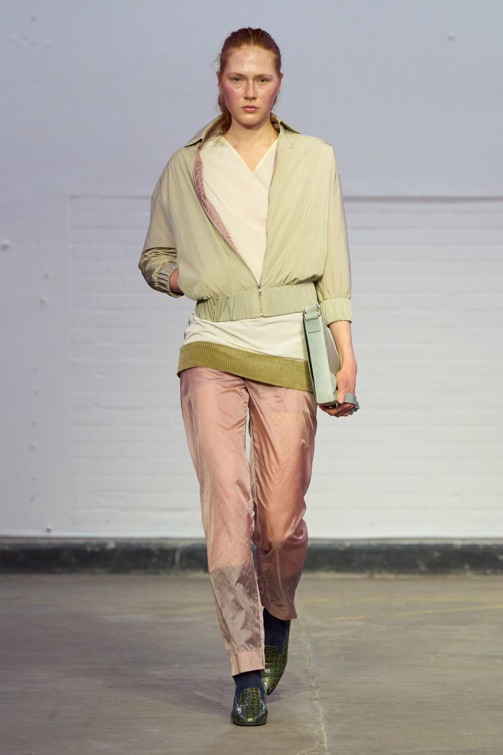beige silk long-sleeve collared relaxed zippered jacket