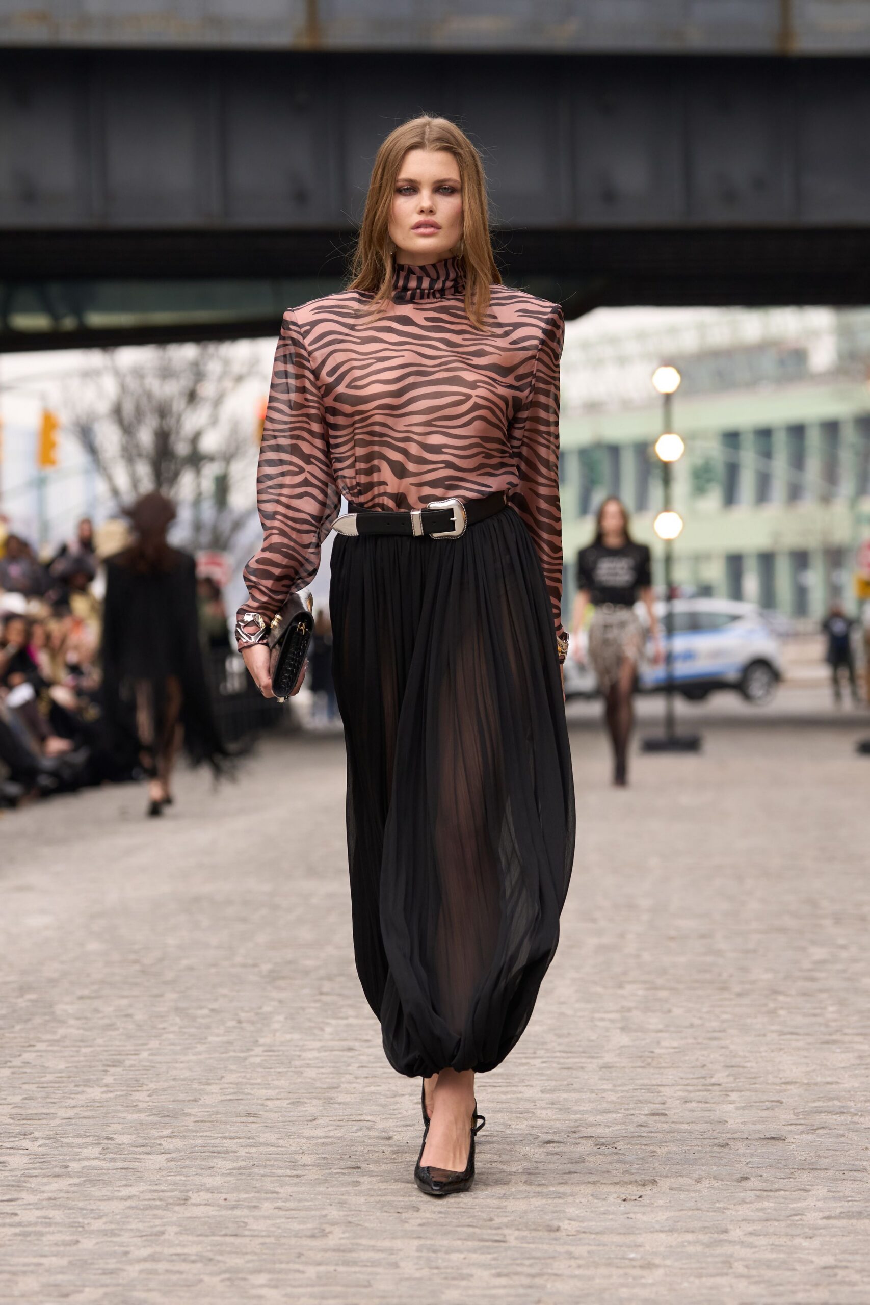 brown silk long-sleeve high-neck fitted animal-print sheer blouse