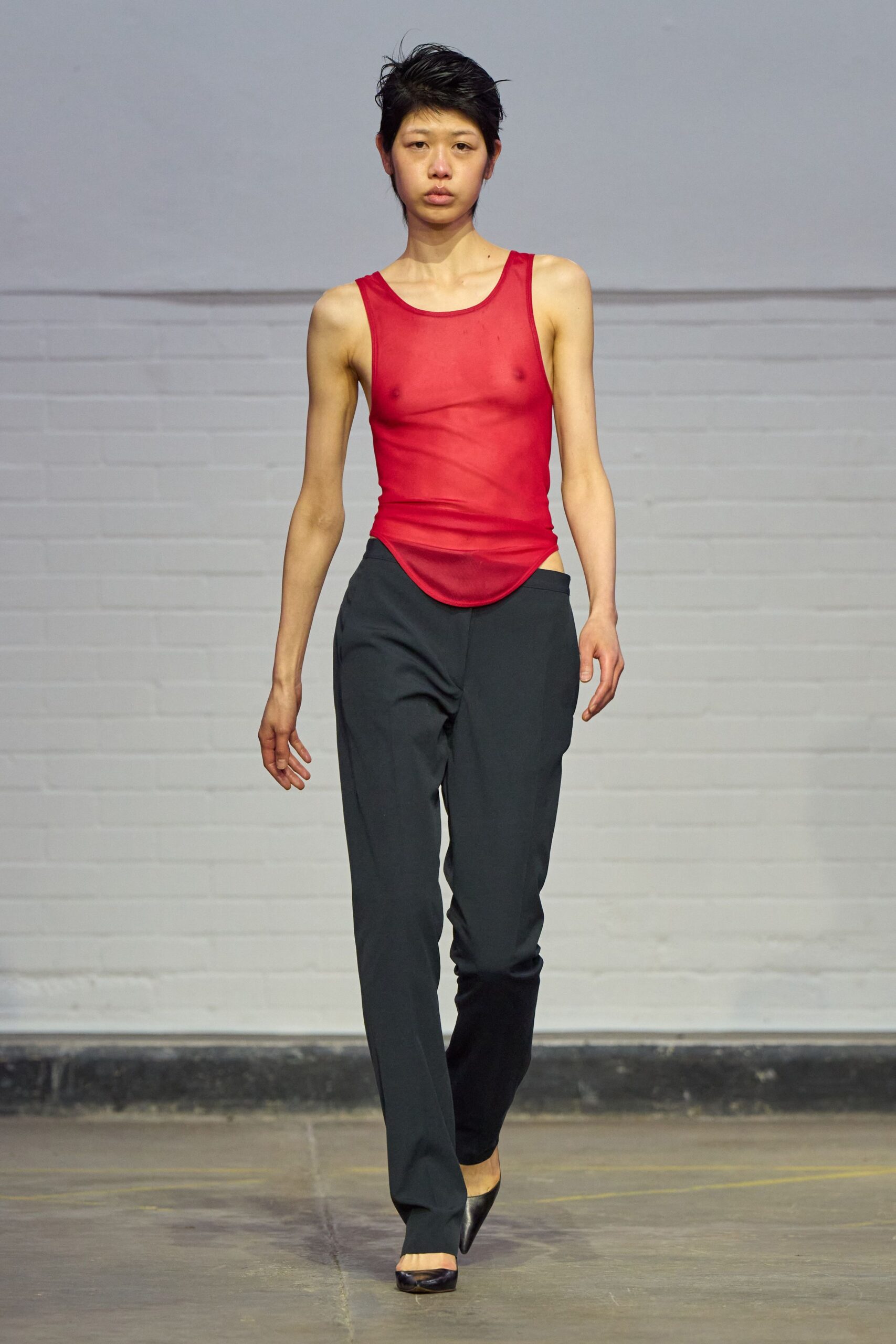 red mesh sleeveless high-neck fitted sheer top