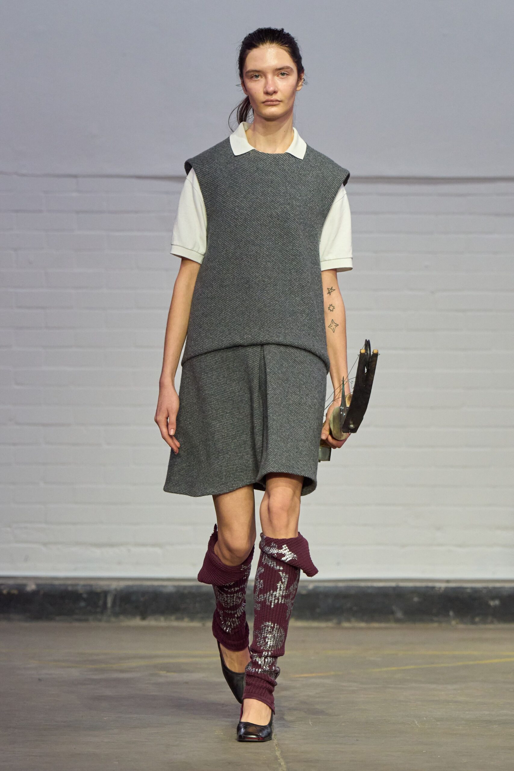 gray wool short-sleeve collared relaxed top
