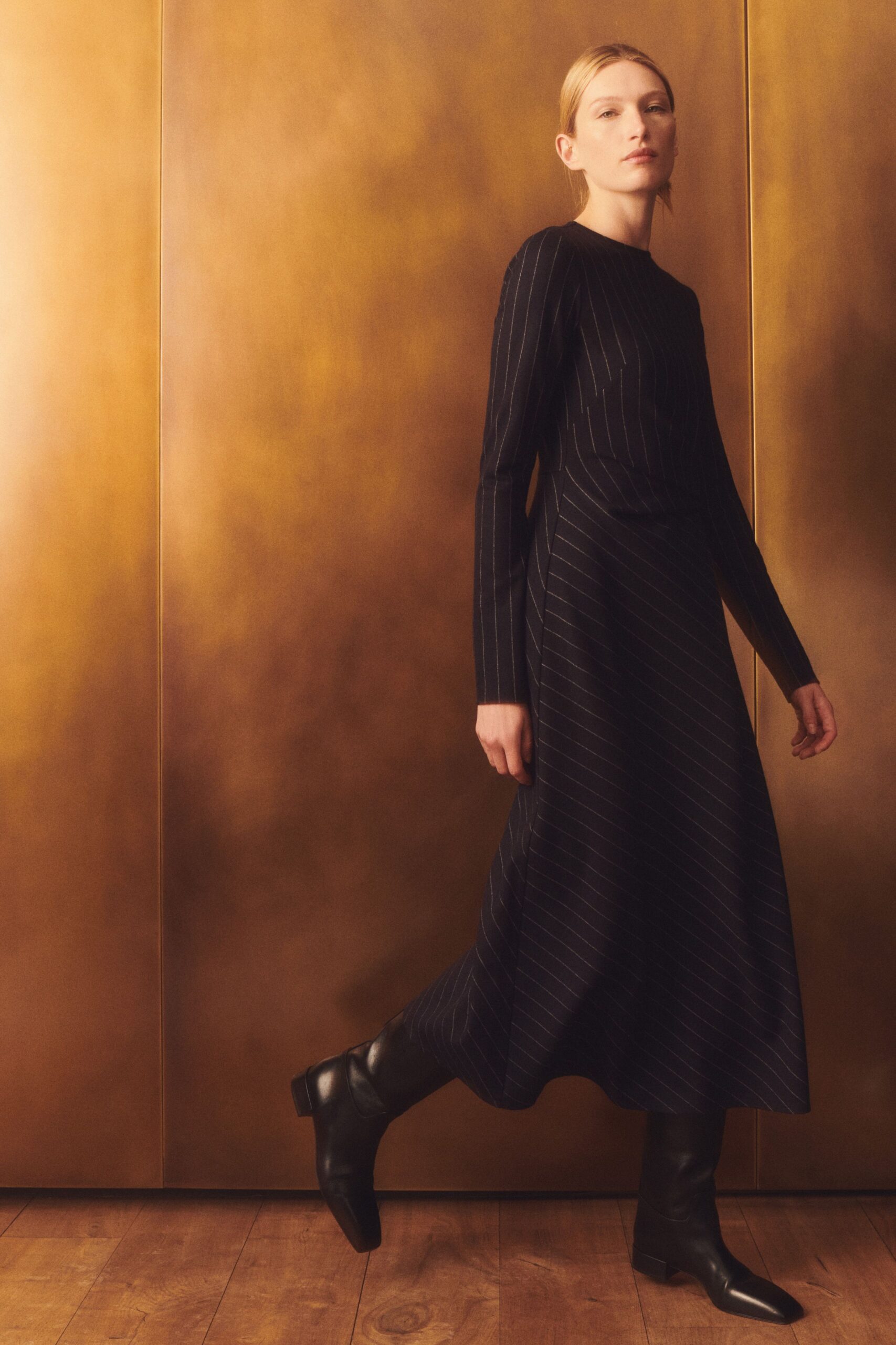 black wool long-sleeve collared fitted striped a-line dress