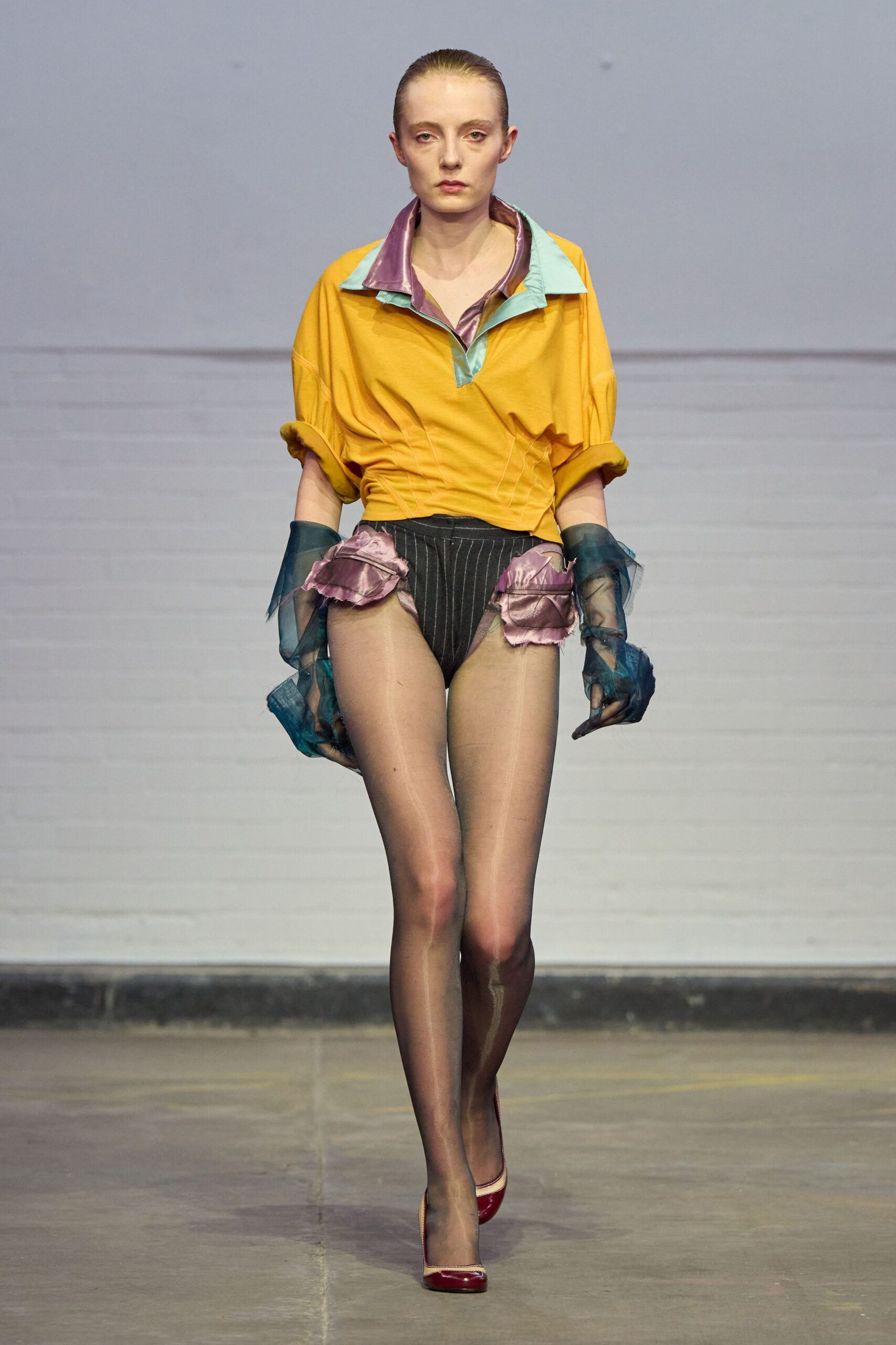 yellow cotton short-sleeve collared relaxed color-blocked top