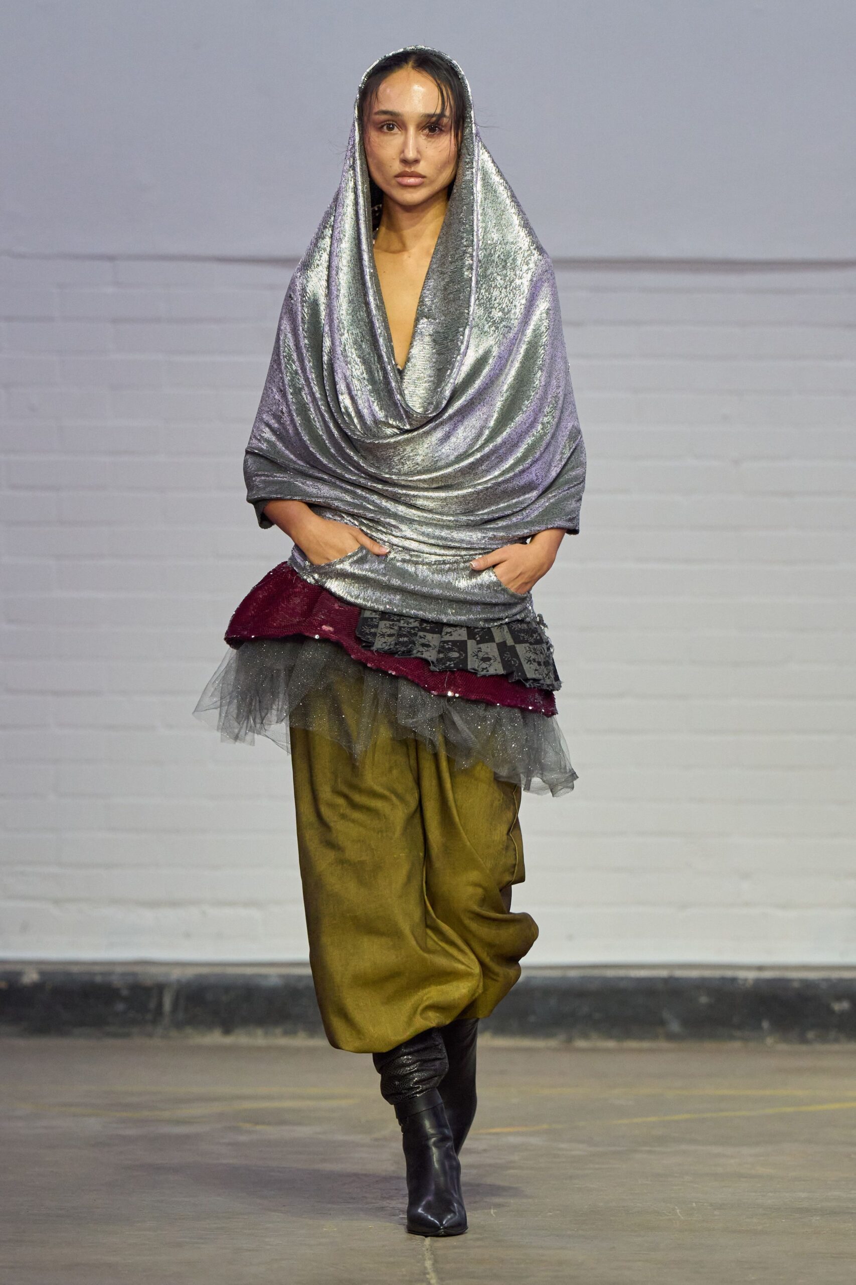gray silk sleeveless v-neck relaxed draped layered top