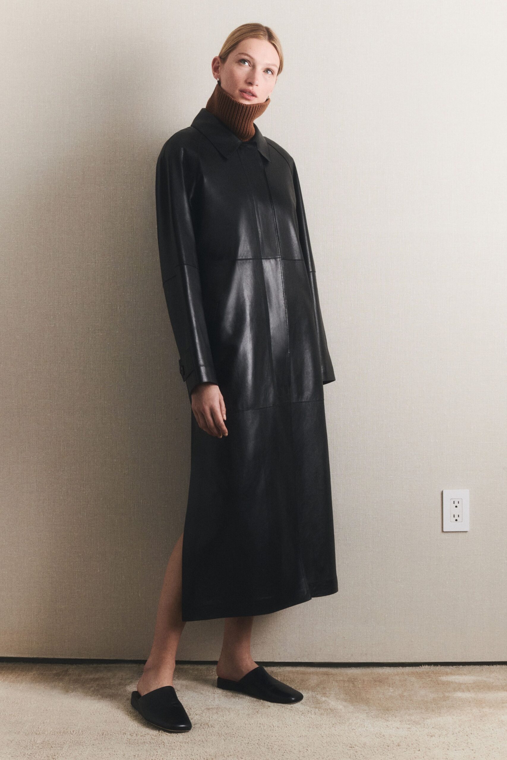 black leather long-sleeve collared fitted straight-leg midi dress