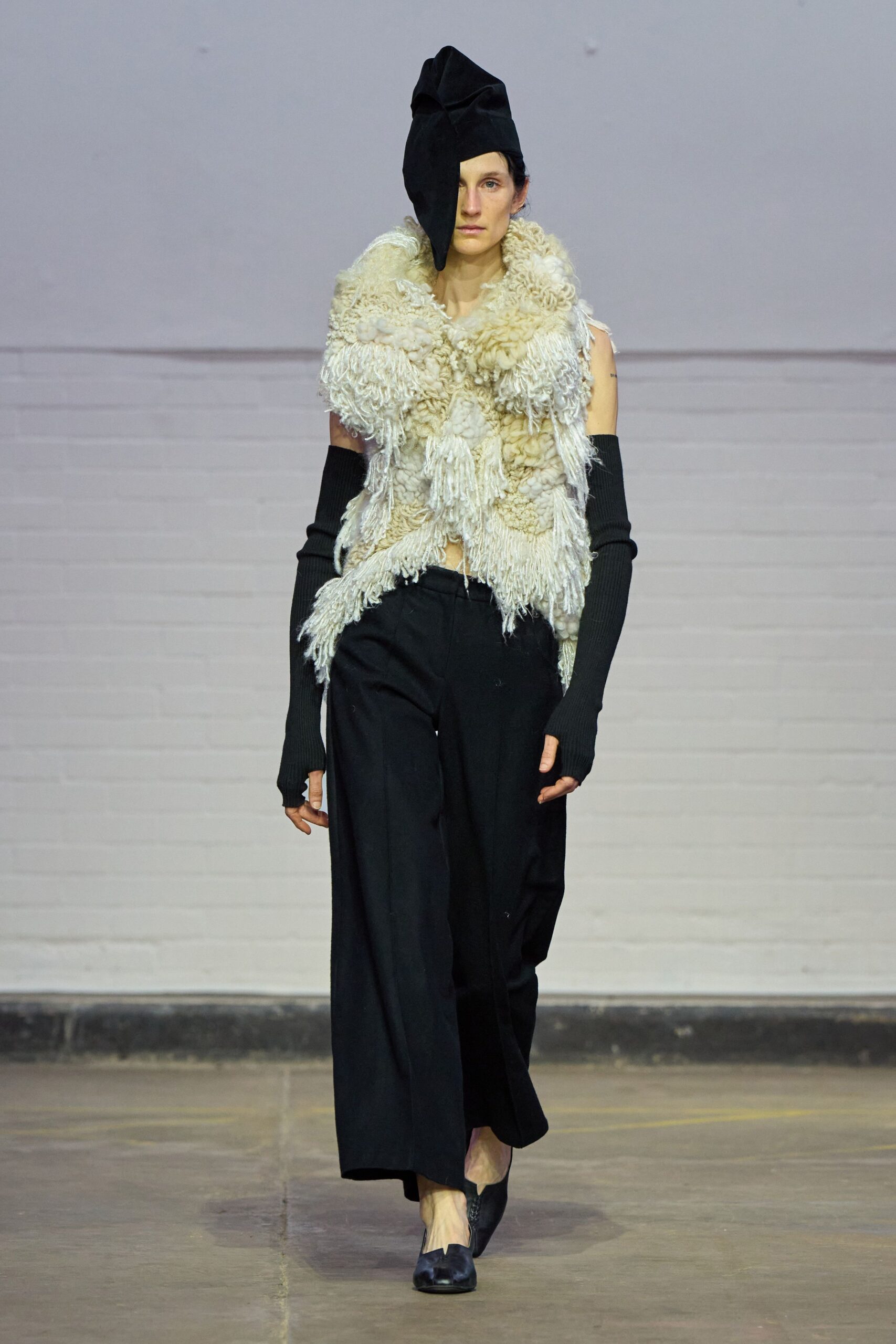 beige fur sleeveless off-shoulder fitted fringed top