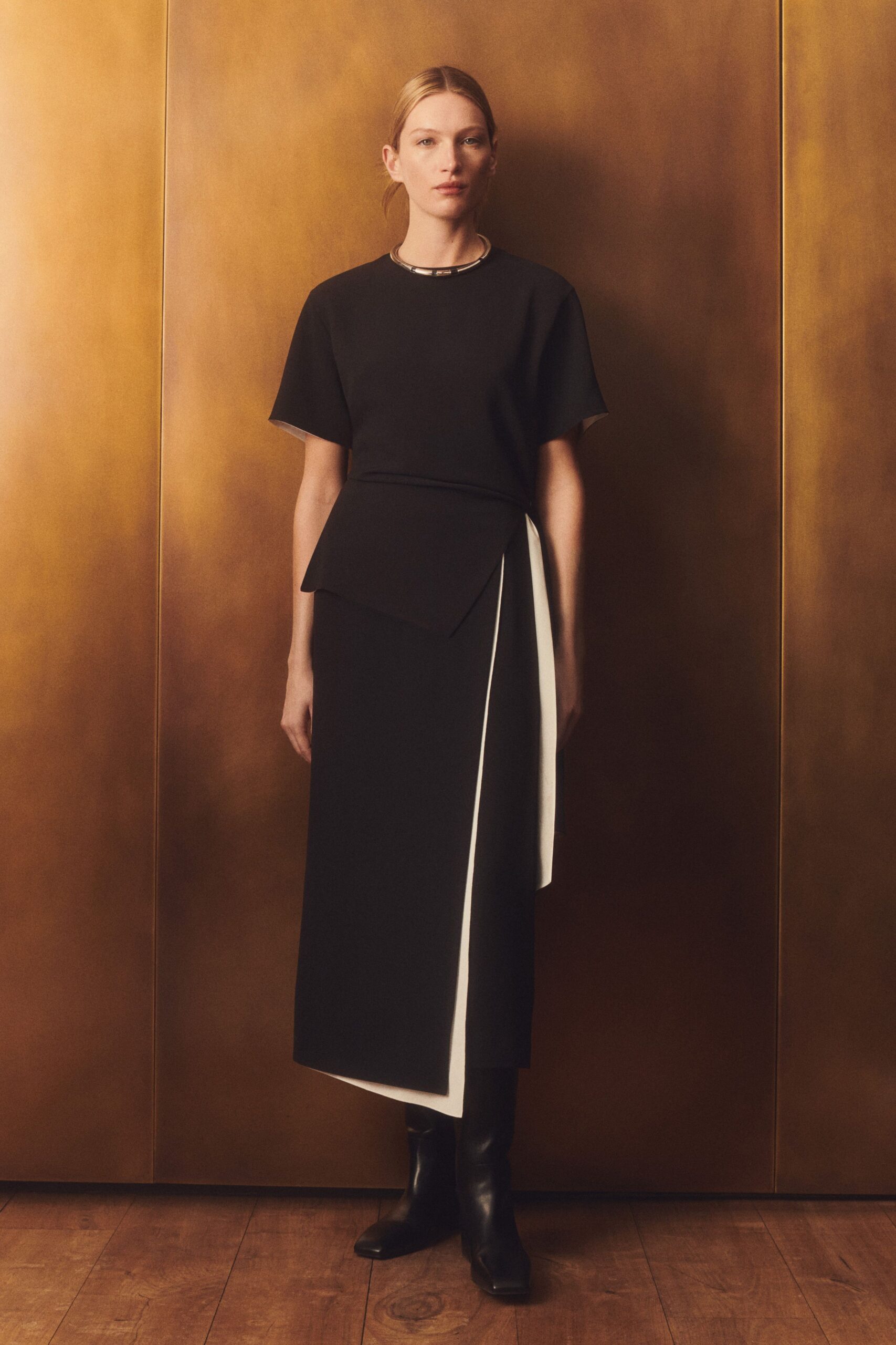 black cotton short-sleeve asymmetric fitted layered midi dress