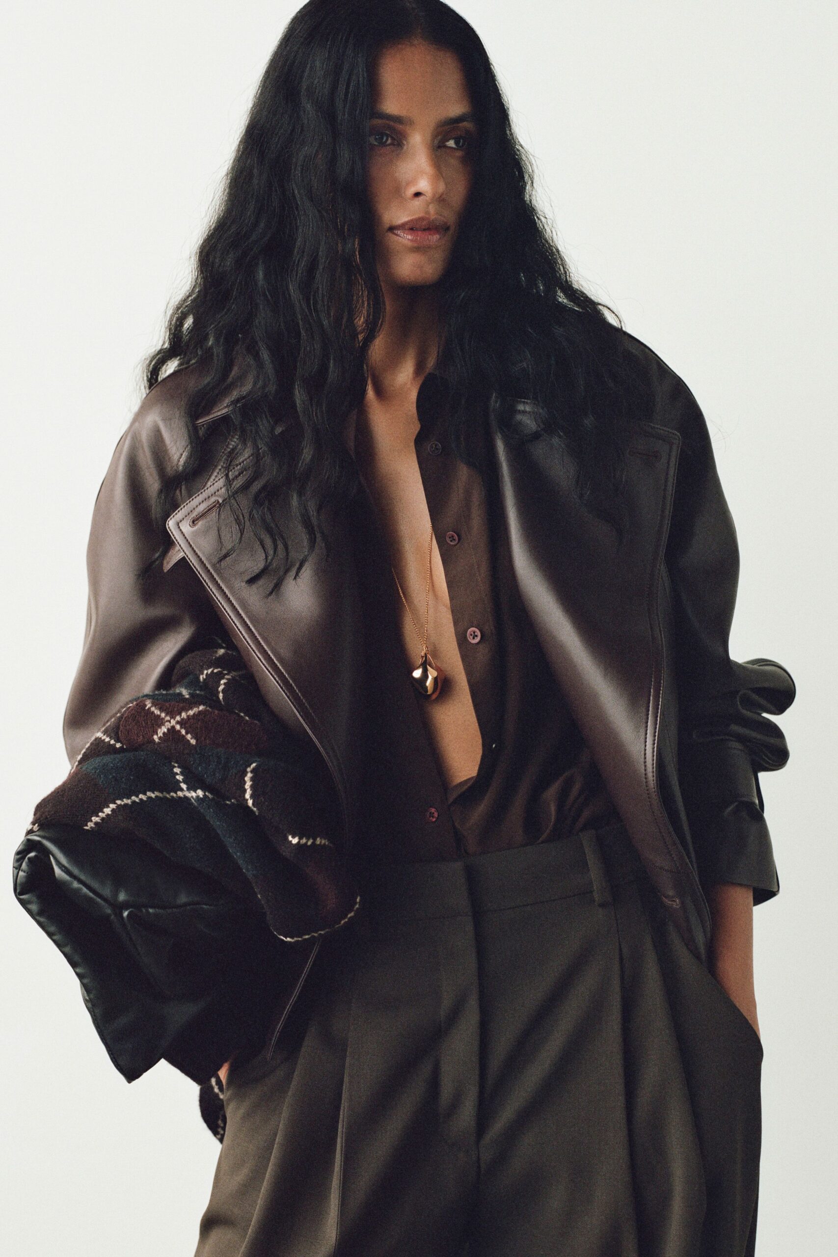 brown leather long-sleeve collared oversized jacket