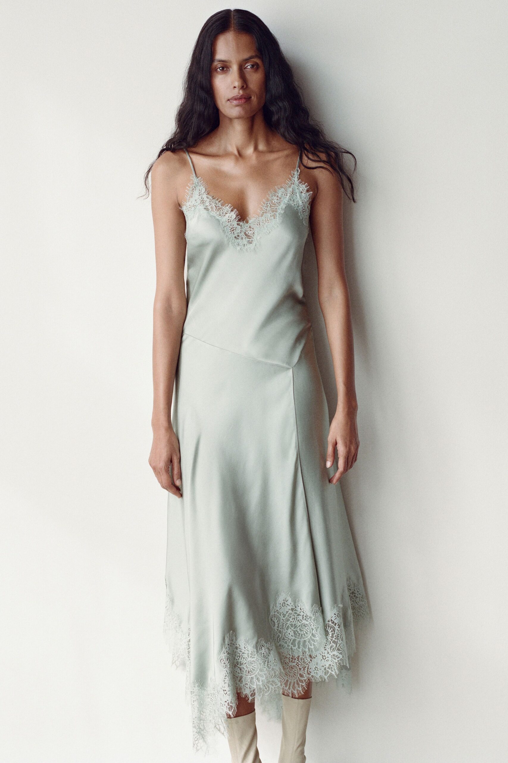 green silk sleeveless v-neck fitted embroidered midi dress