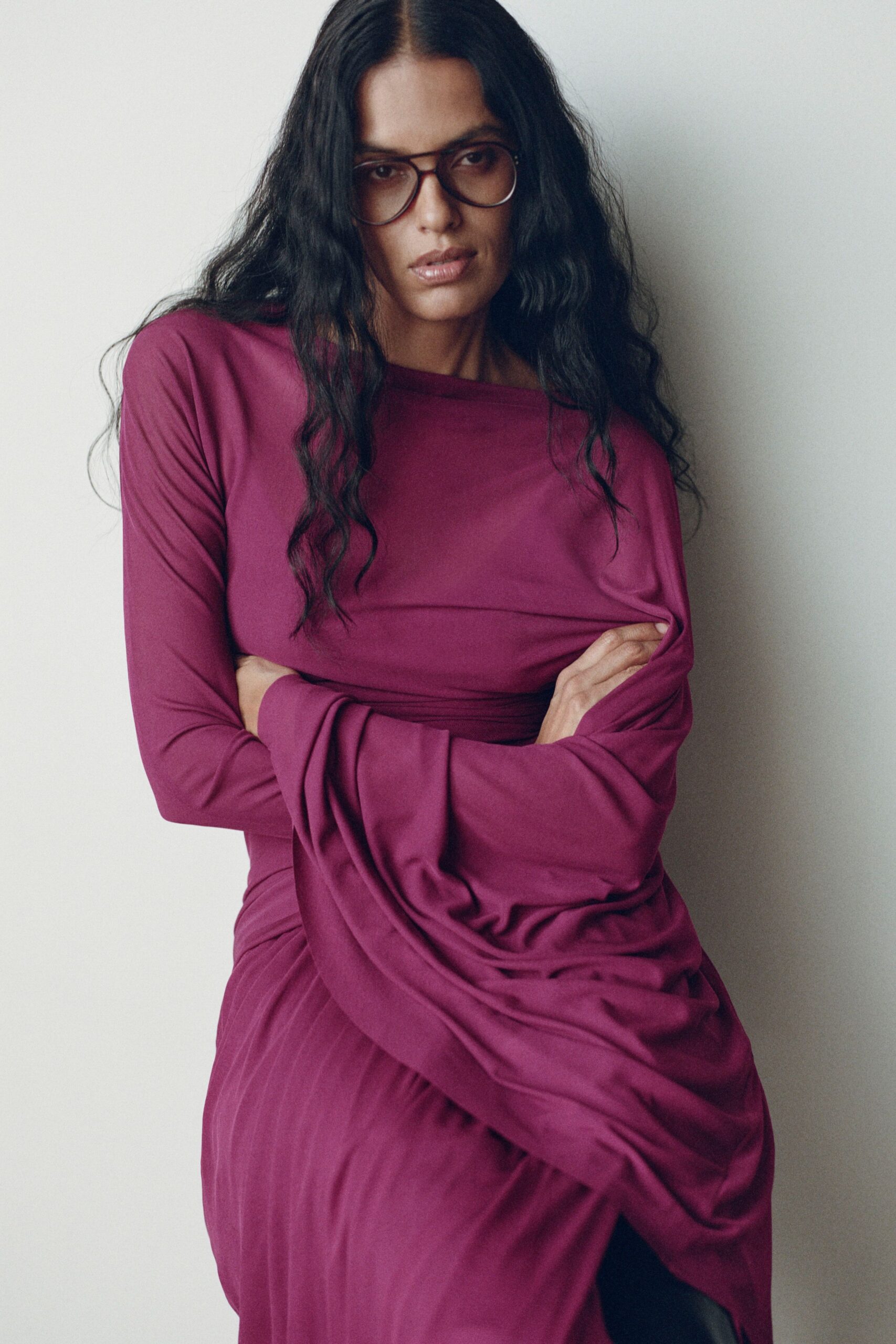 purple silk long-sleeve high-neck fitted draped midi dress