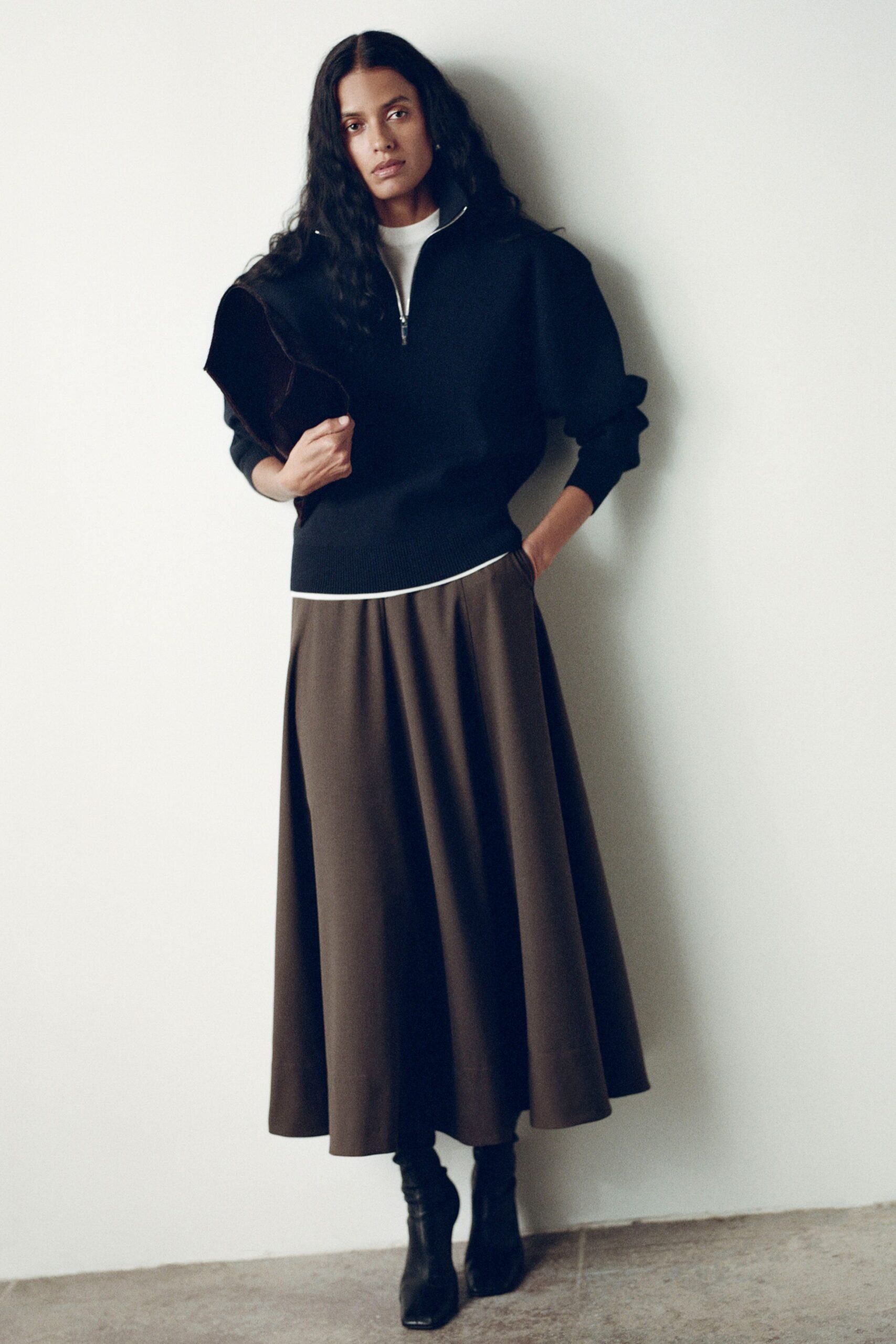 brown wool fitted a-line midi skirt