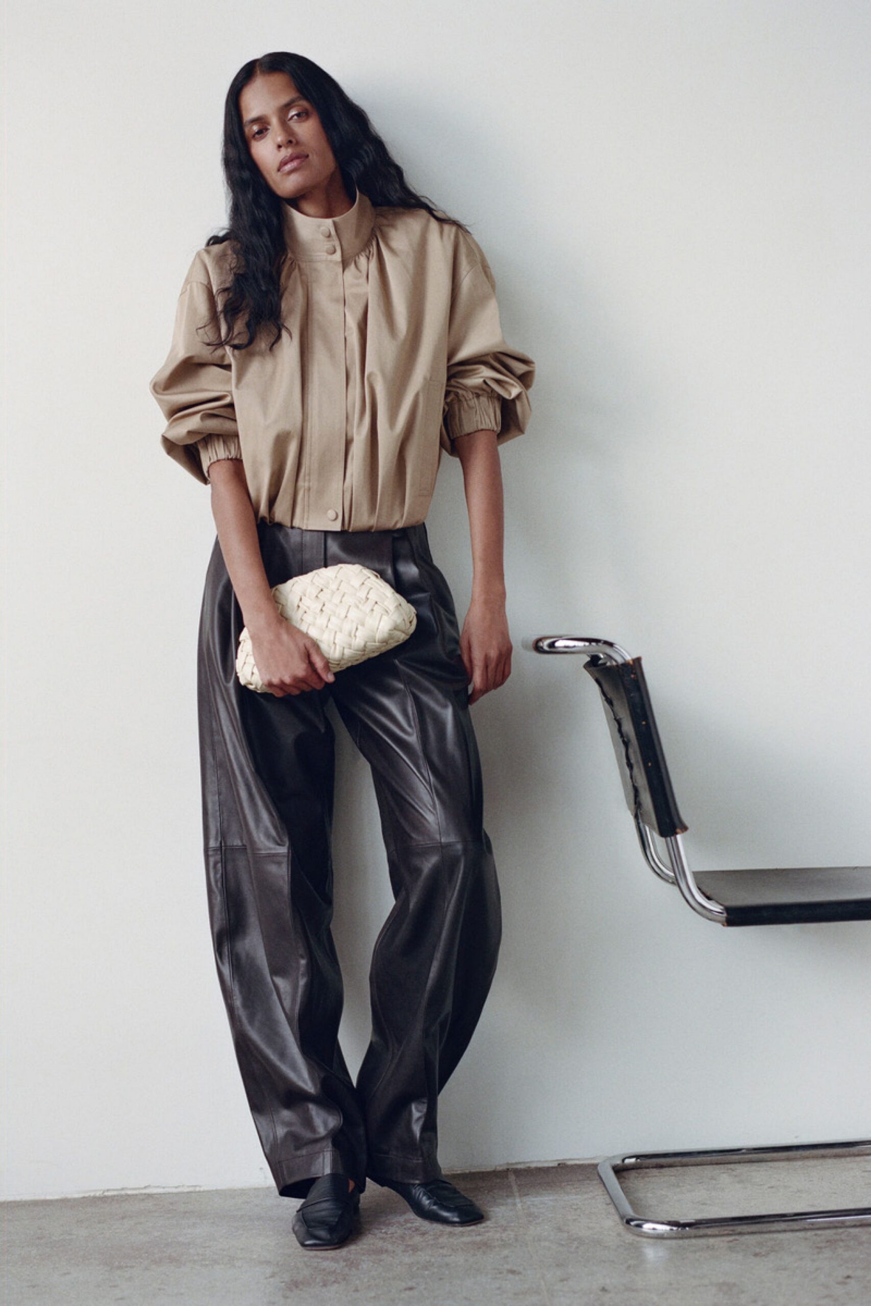 beige cotton long-sleeve collared relaxed pleated blouse